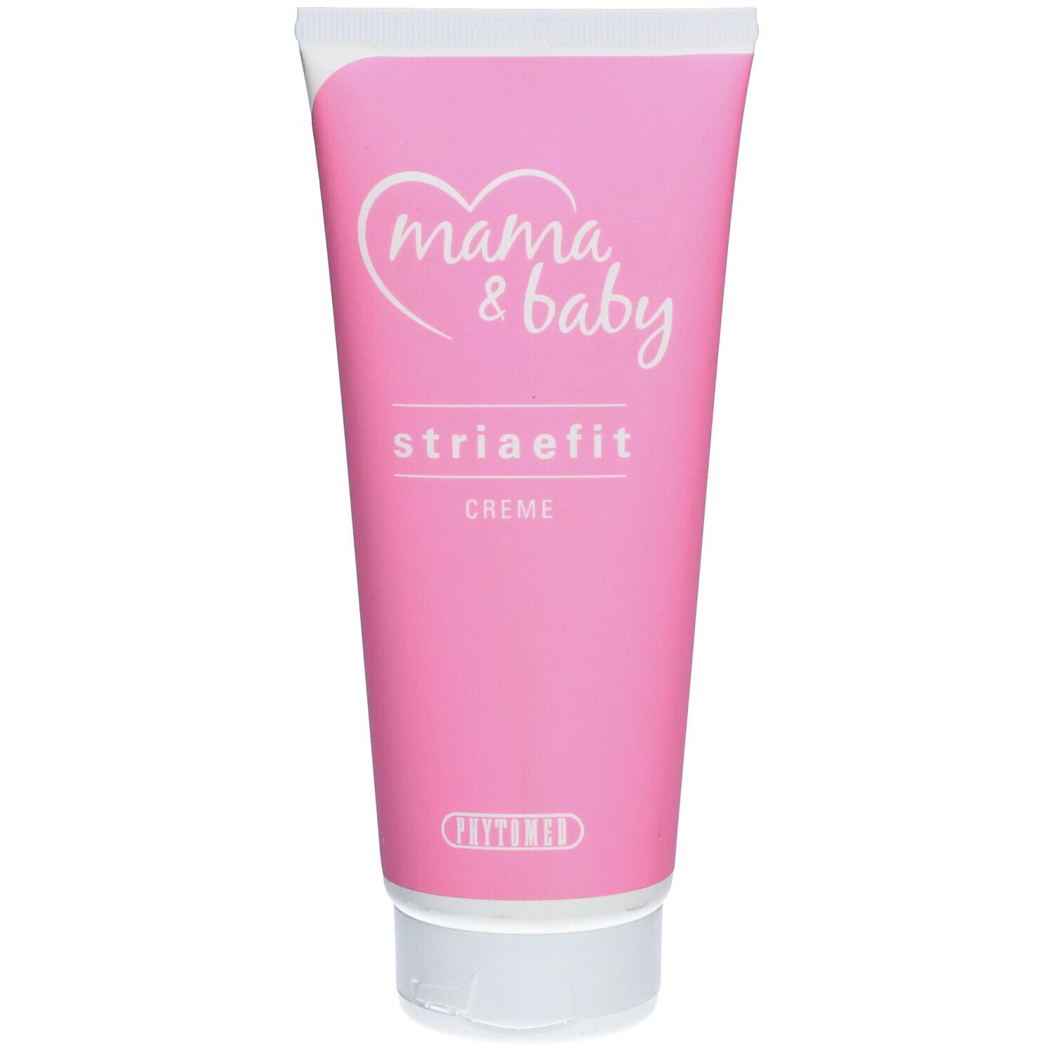 Tube rose avec bouchon blanc. Inscription: Mama & Baby, Striaefit Creme. Logo cœur.