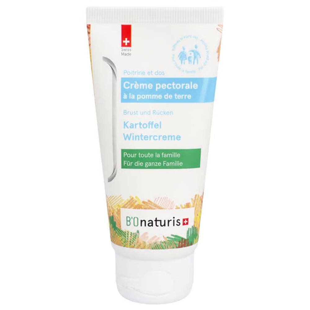 Tube de crème avec nom et logo. Texte en allemand et français. Croix suisse en haut à gauche.