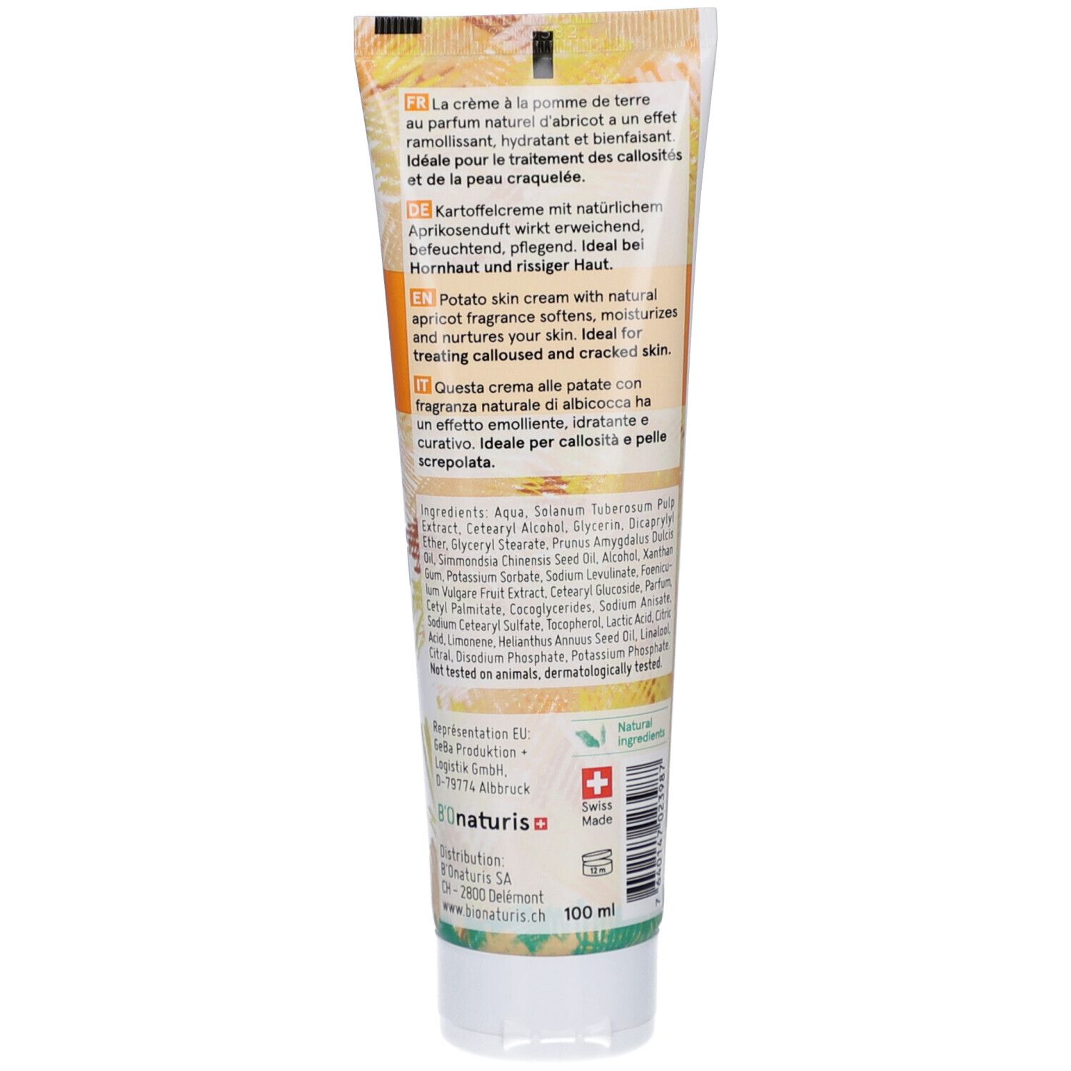 Dos du tube de crème avec texte et ingrédients. Croix suisse. Inscription '100 ml'.
