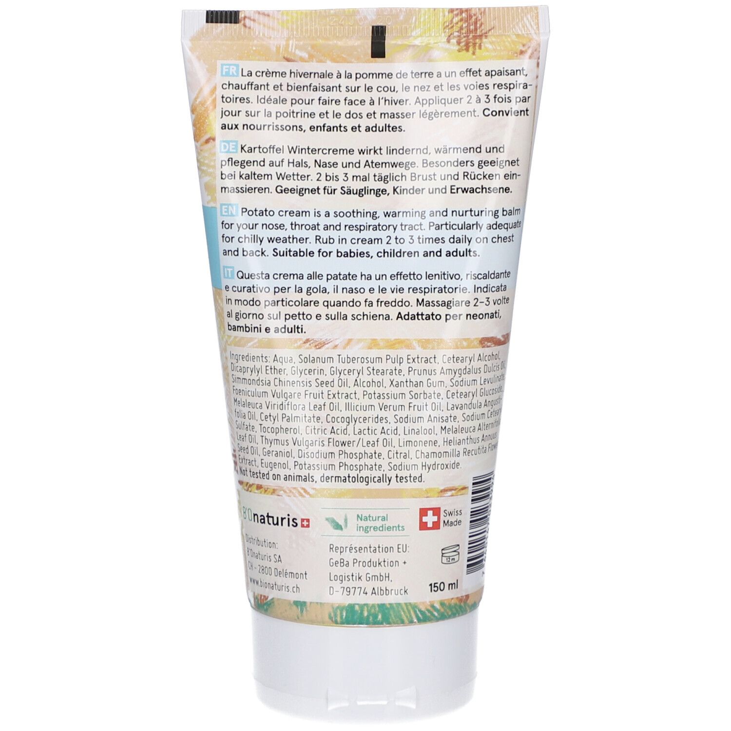 Dos du tube de crème. Texte multilingue. Logo Bionaturis. Croix suisse. Ingrédients. 150 ml.