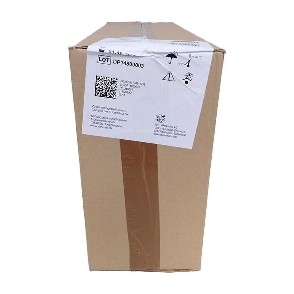 Boîte en carton marron avec autocollant. Autocollant avec texte, code QR et symboles. Numéro de LOT DP14800003.