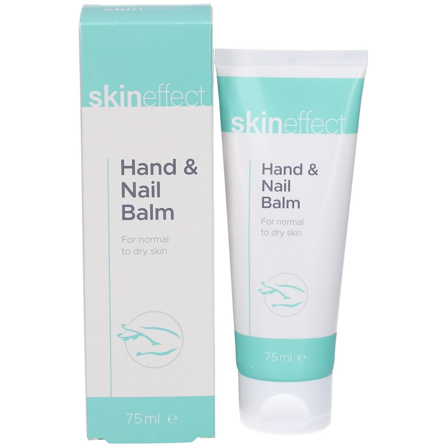 Emballage du produit. Tube et boîte. Inscription : skin effect, Hand & Nail Balm. 75ml.