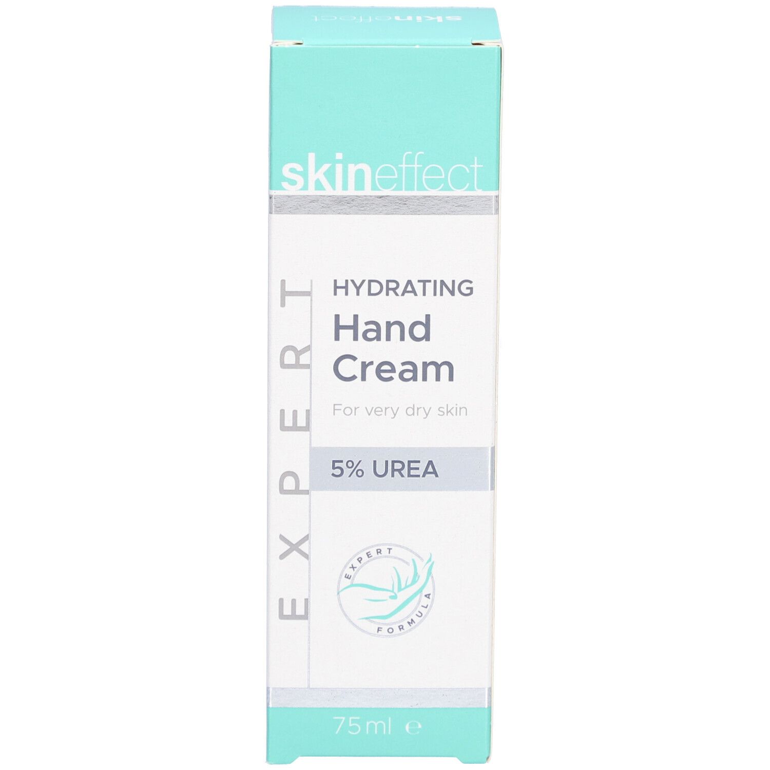 Boîte avec inscription skin effect, Hydrating Hand Cream, 5% Urea. Design vert et blanc. 75 ml.