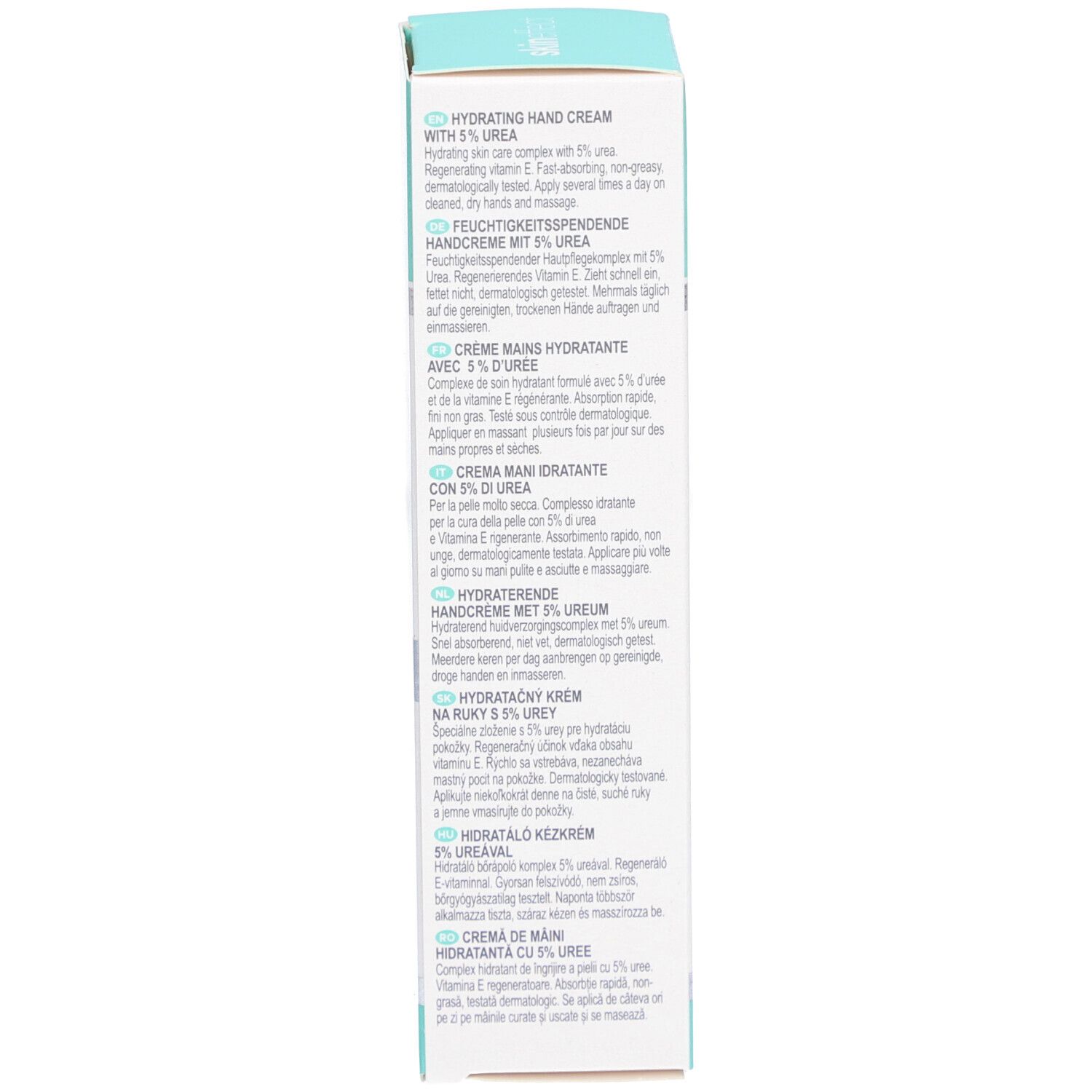 Côté de la boîte. Texte multilingue. Description du produit et instructions d'utilisation.