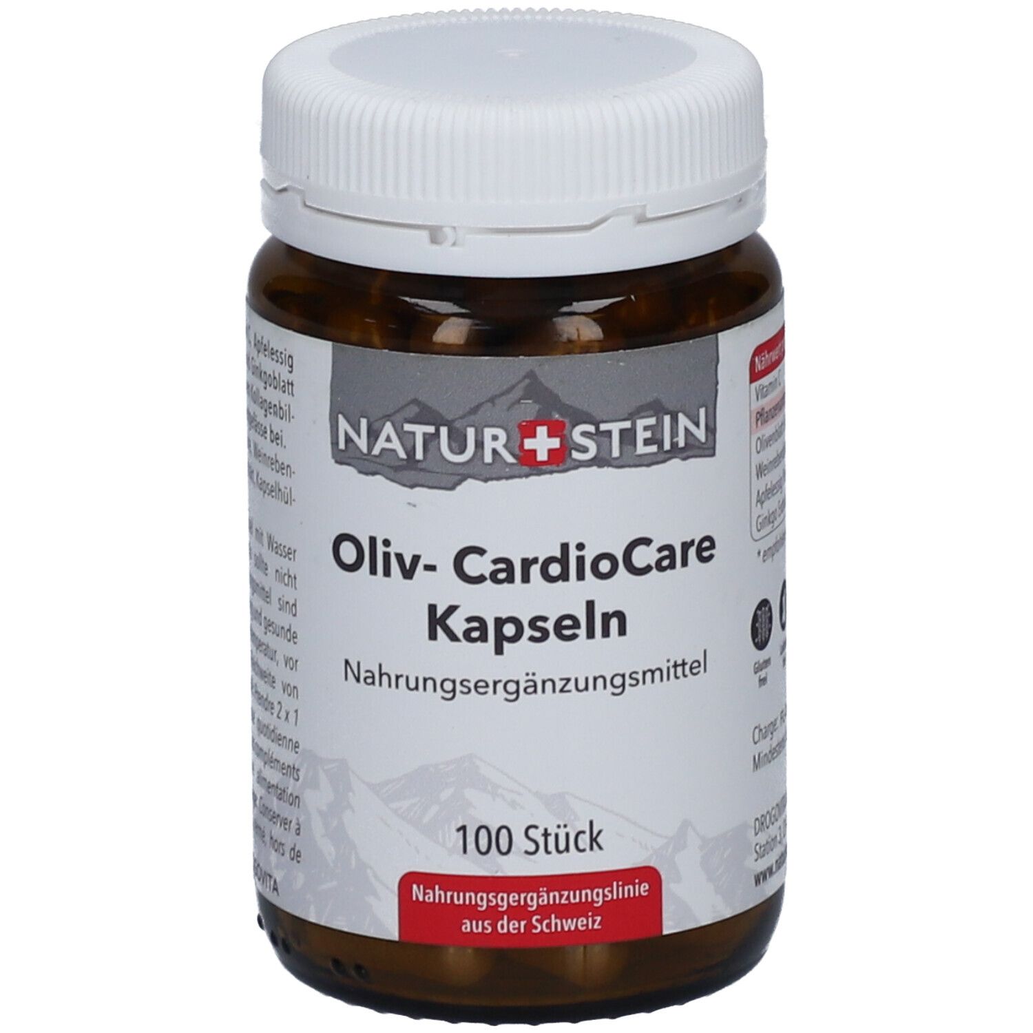 Flacon en verre brun avec couvercle blanc. Étiquette avec "NATUR+STEIN", "Oliv- CardioCare Kapseln", "100 Stück". Complément alimentaire.