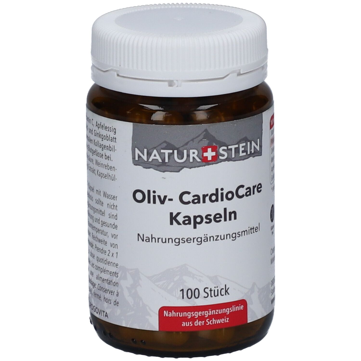 Flacon en verre brun avec couvercle blanc. Étiquette avec "NATUR+STEIN", "Oliv- CardioCare Kapseln", "100 Stück". Complément alimentaire.
