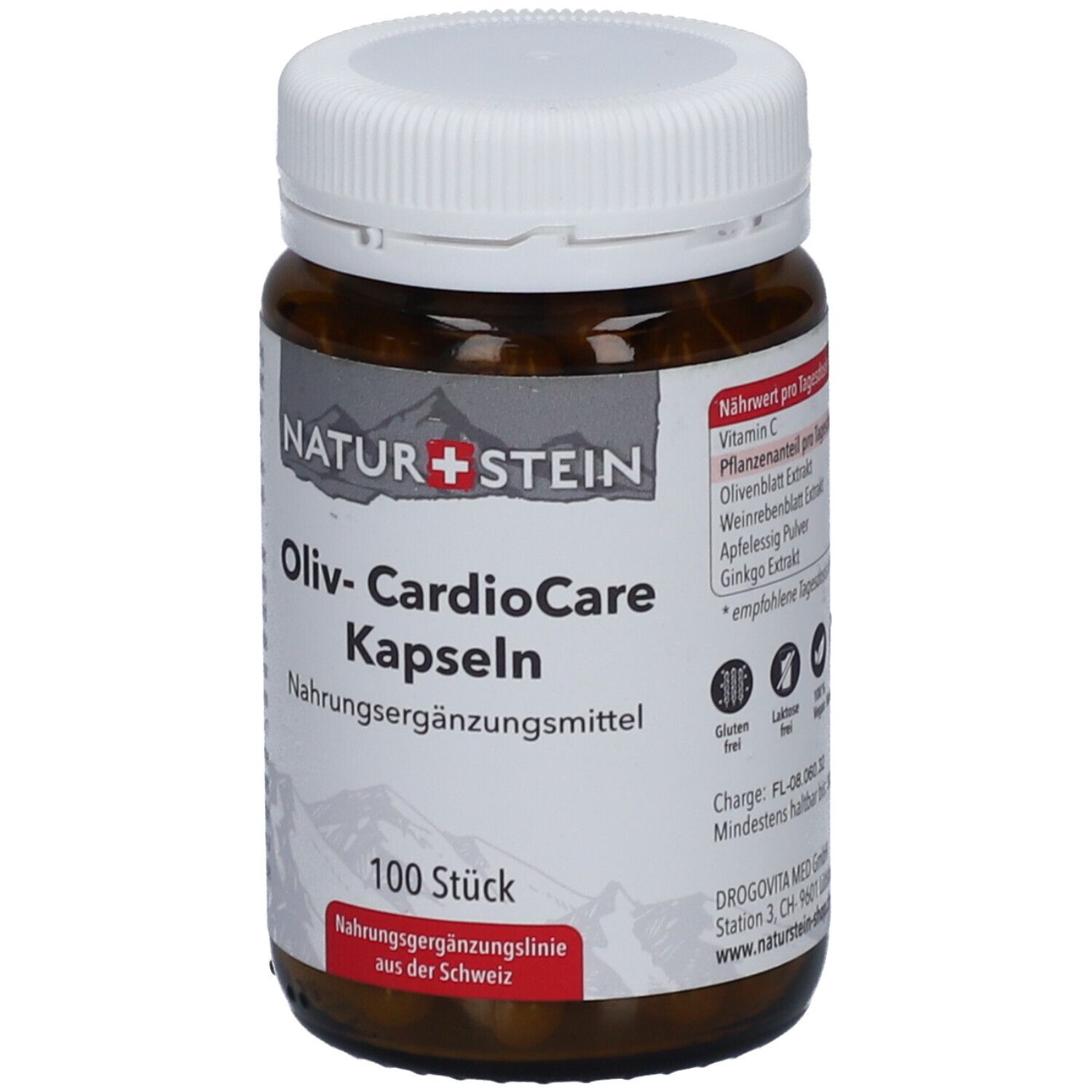 Flacon en verre brun avec couvercle blanc. Étiquette avec "NATUR+STEIN", "Oliv- CardioCare Kapseln", "100 Stück". Complément alimentaire.
