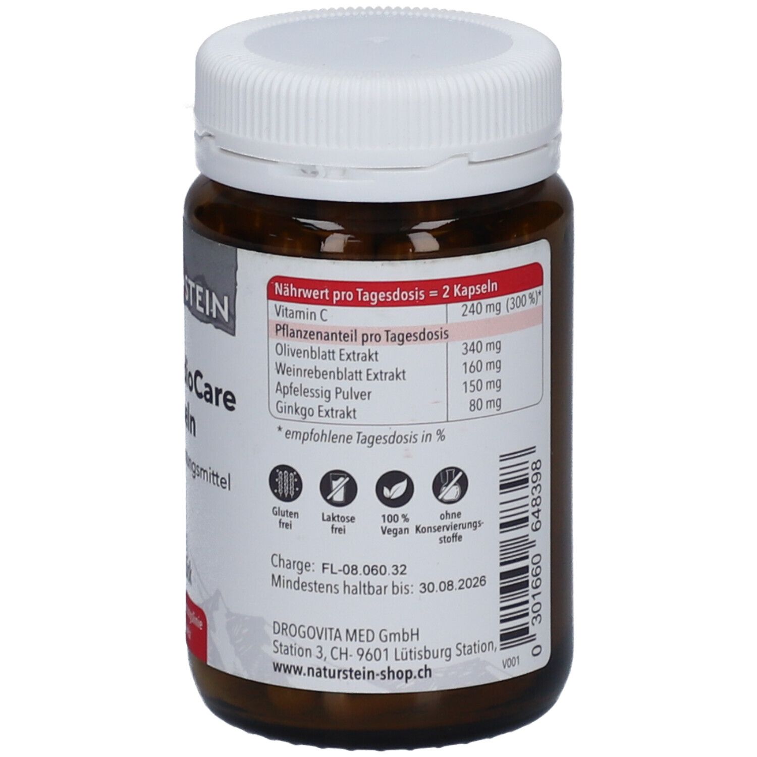 Flacon en verre brun avec couvercle blanc. Dos avec informations nutritionnelles par dose journalière. Sans gluten, sans lactose, vegan.