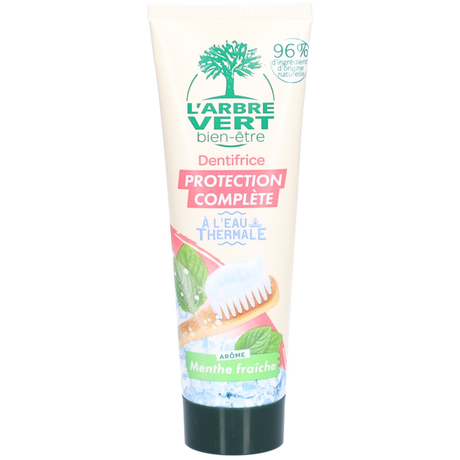 Tube de dentifrice L'ARBRE VERT. Face avant avec nom du produit, ingrédients et logo. Design vert et blanc, bouchon vert.