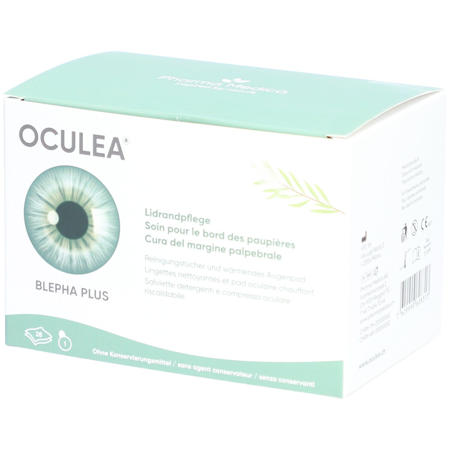 Boîte OCULEA BLEPHA PLUS. Carton blanc avec logo et image d'œil. Texte en allemand, français, italien.