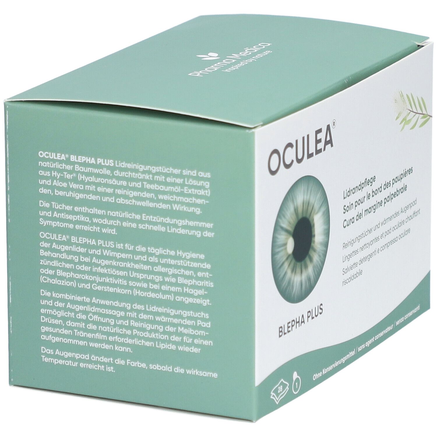 Boîte OCULEA BLEPHA PLUS. Informations textuelles sur fond vert. Description du produit et instructions d'utilisation.