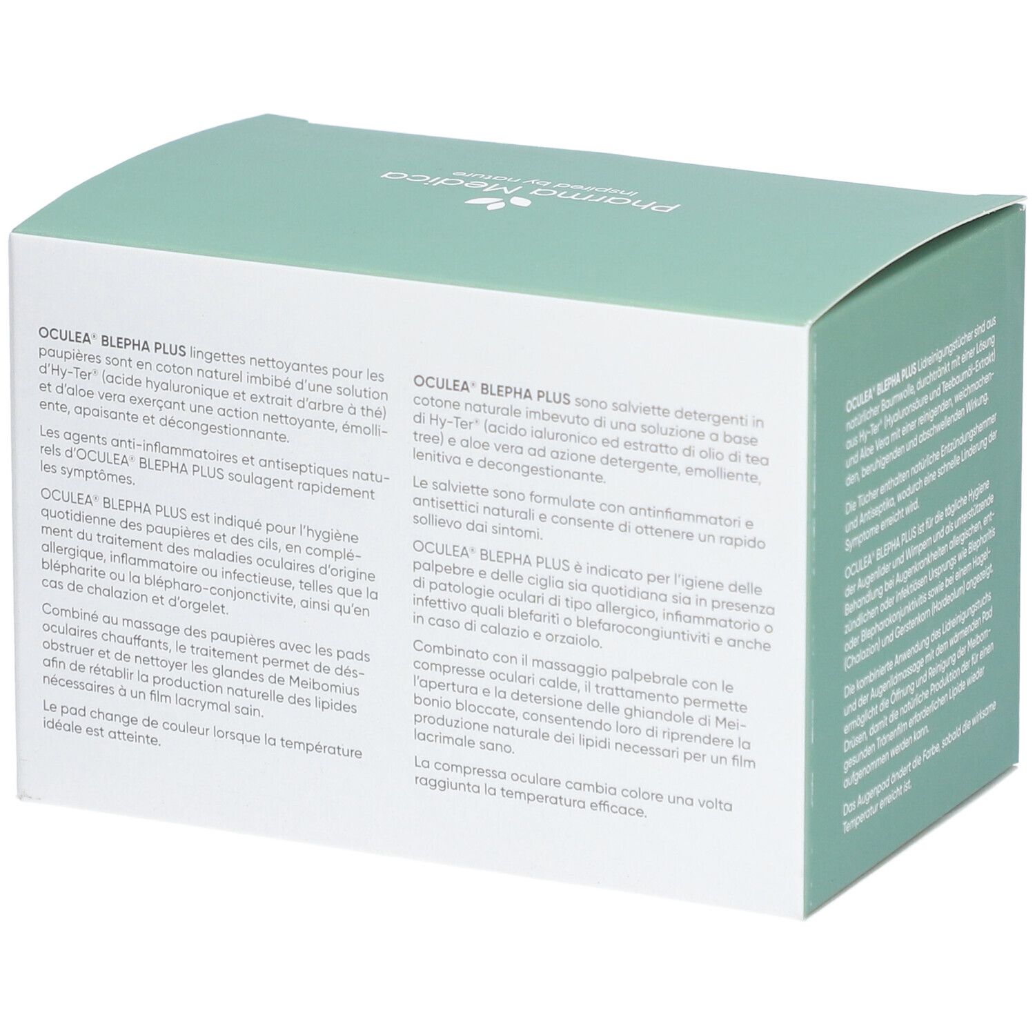 Boîte OCULEA BLEPHA PLUS. Informations textuelles sur fond vert. Description du produit et instructions d'utilisation.
