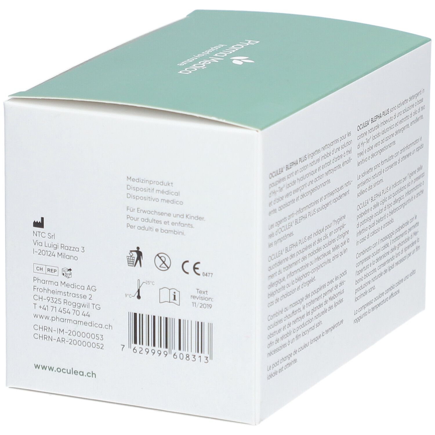 Boîte OCULEA BLEPHA PLUS. Dos avec informations fabricant, marquage CE et numéro de lot.