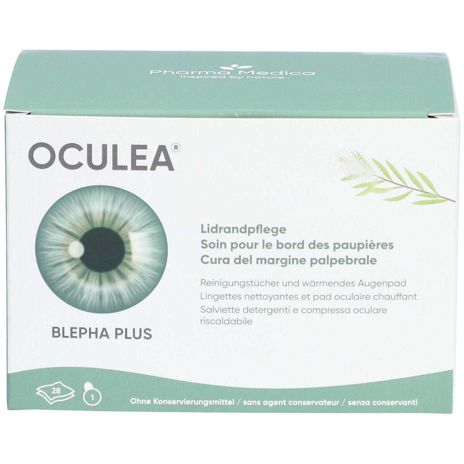 Boîte OCULEA BLEPHA PLUS. Carton blanc avec logo et image d'œil. Texte en allemand, français, italien.