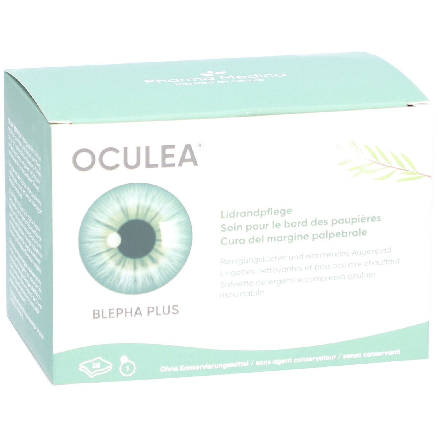 Boîte OCULEA BLEPHA PLUS. Carton blanc avec logo et image d'œil. Texte en allemand, français, italien.