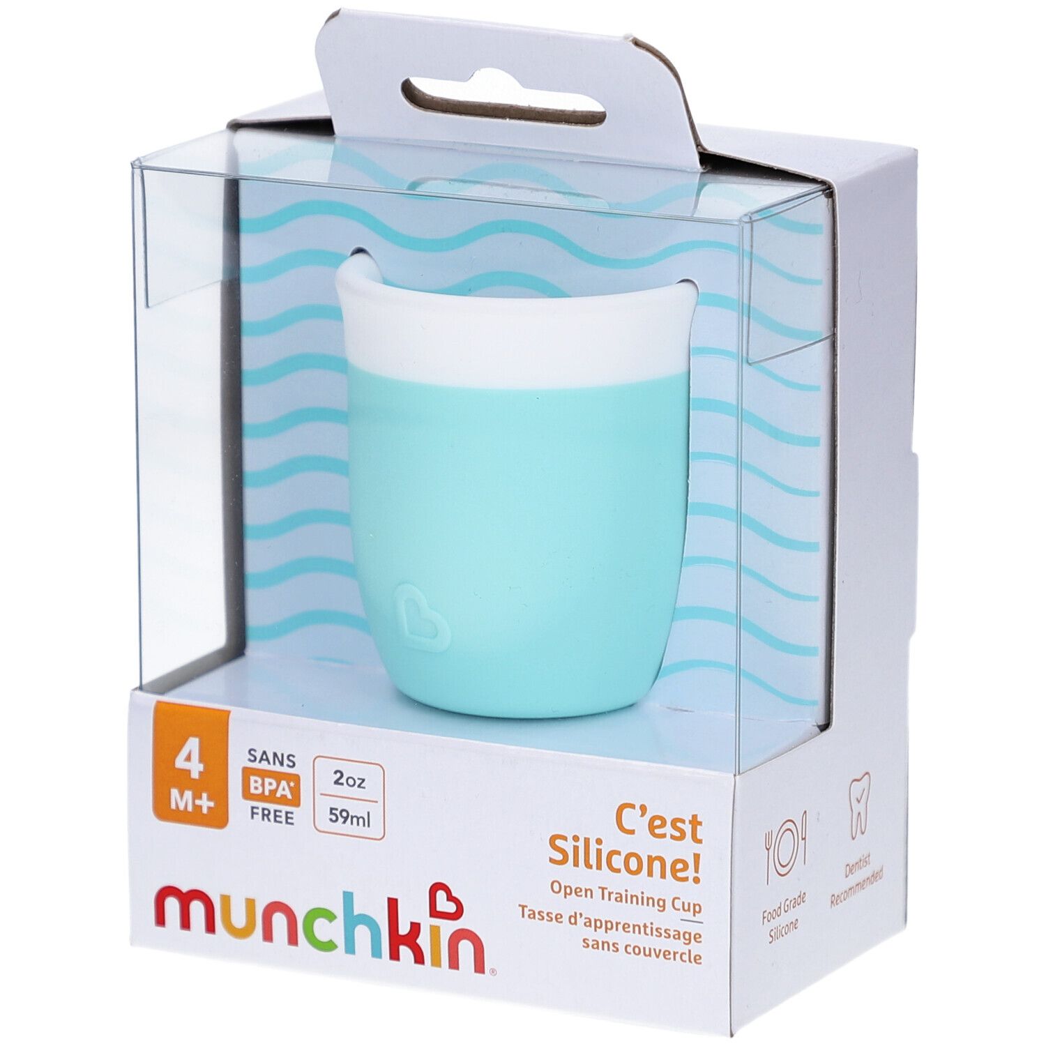Gobelet d'apprentissage rose dans son emballage. Marque : munchkin. Sans BPA. 2oz/59ml. Dès 4 mois.