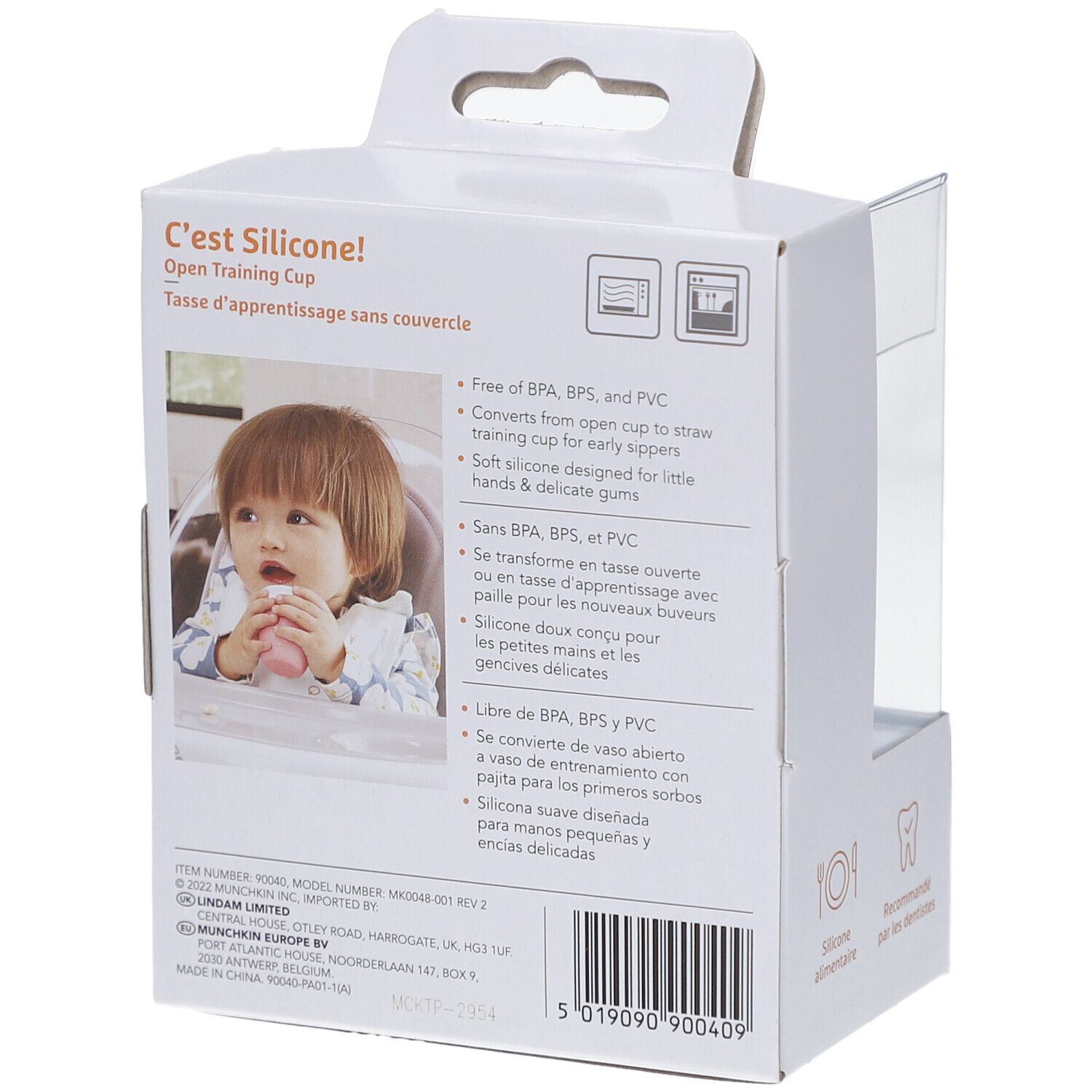Dos de l'emballage. Texte : C'est Silicone ! Sans BPA, BPS et PVC. Convient aux bébés dès 4 mois.
