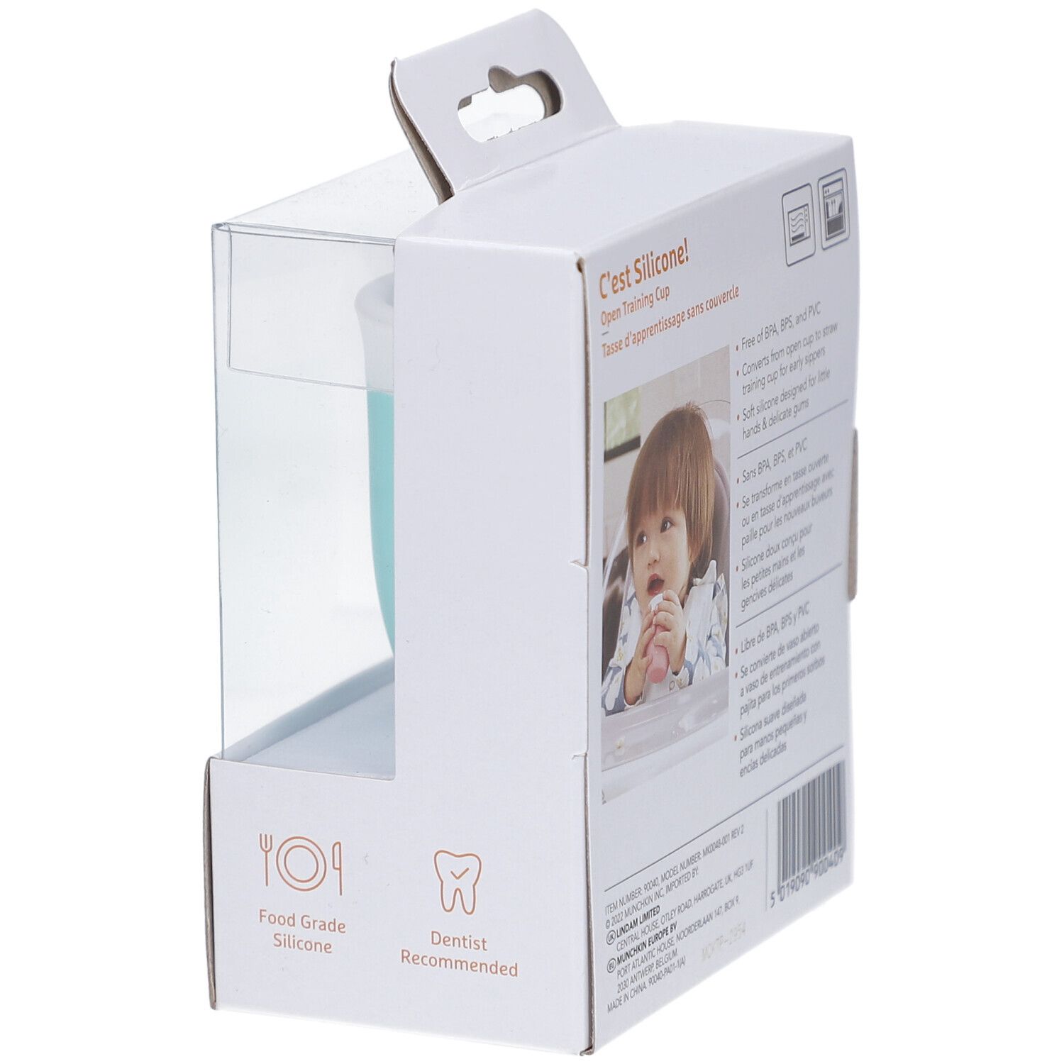 Emballage avec gobelet rose. Texte : C'est Silicone ! Convient aux bébés dès 4 mois. Recommandé par les dentistes.