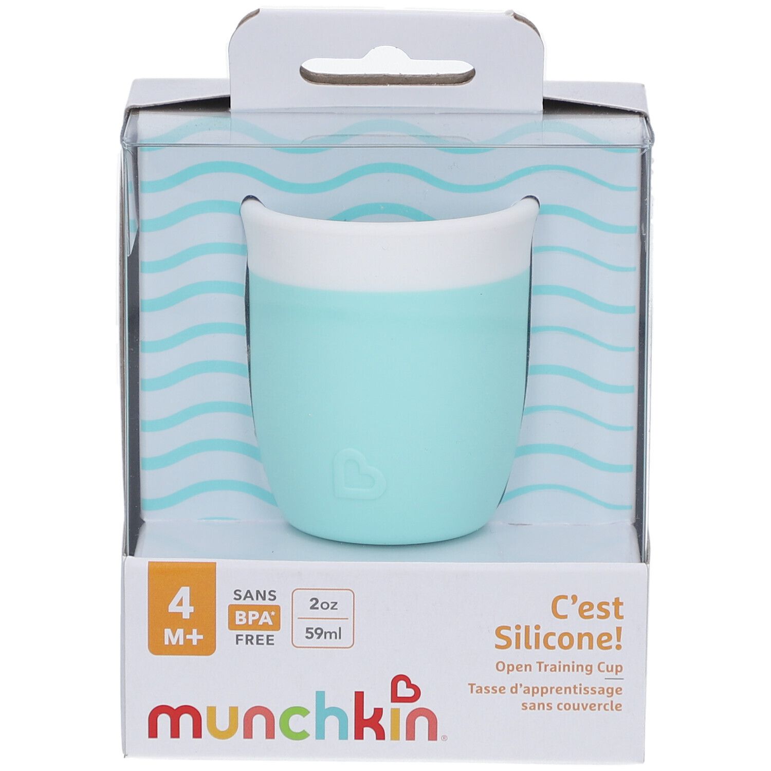 Gobelet d'apprentissage rose dans son emballage. Marque : munchkin. Sans BPA. 2oz/59ml. Dès 4 mois.