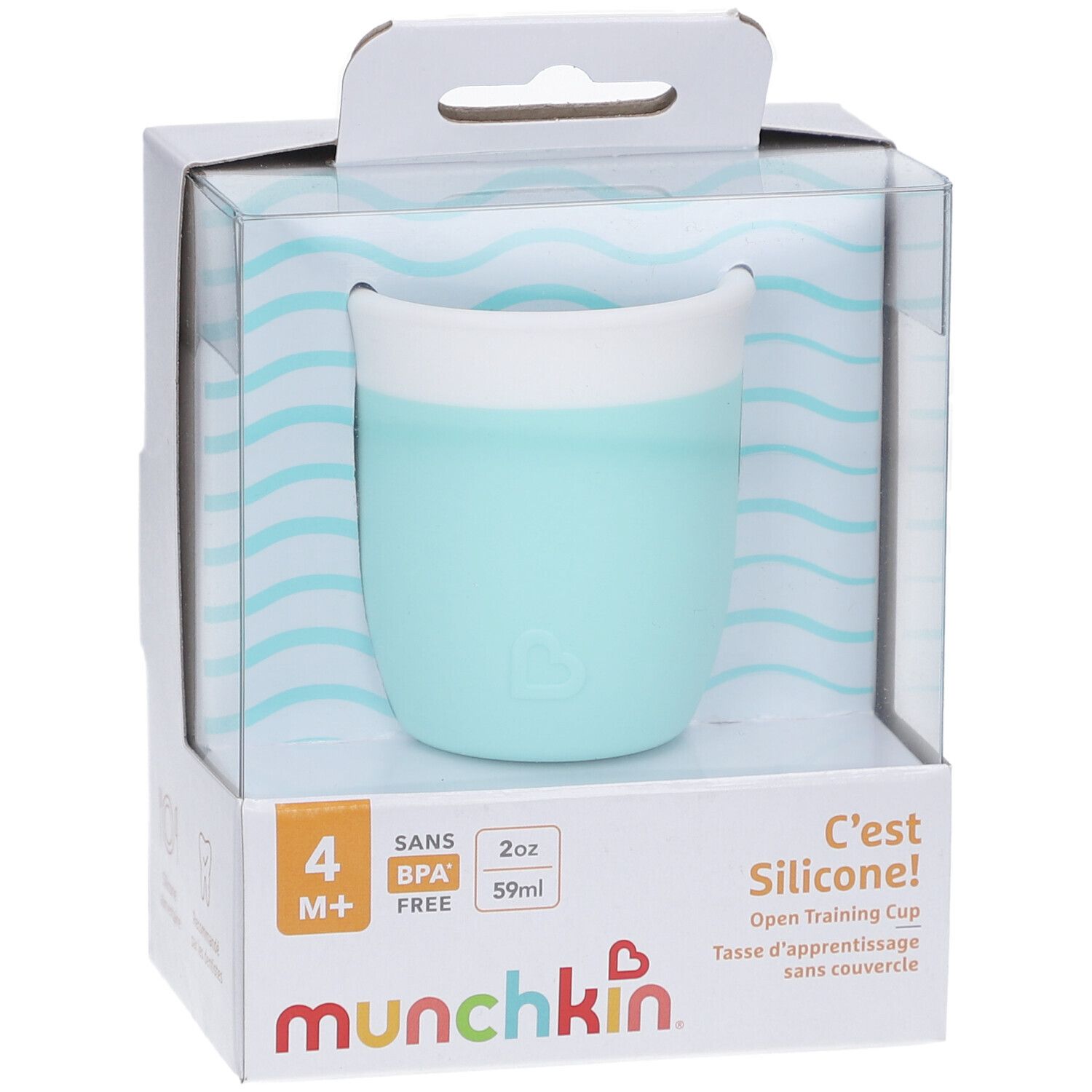 Gobelet d'apprentissage rose dans son emballage. Marque : munchkin. Sans BPA. 2oz/59ml. Dès 4 mois.