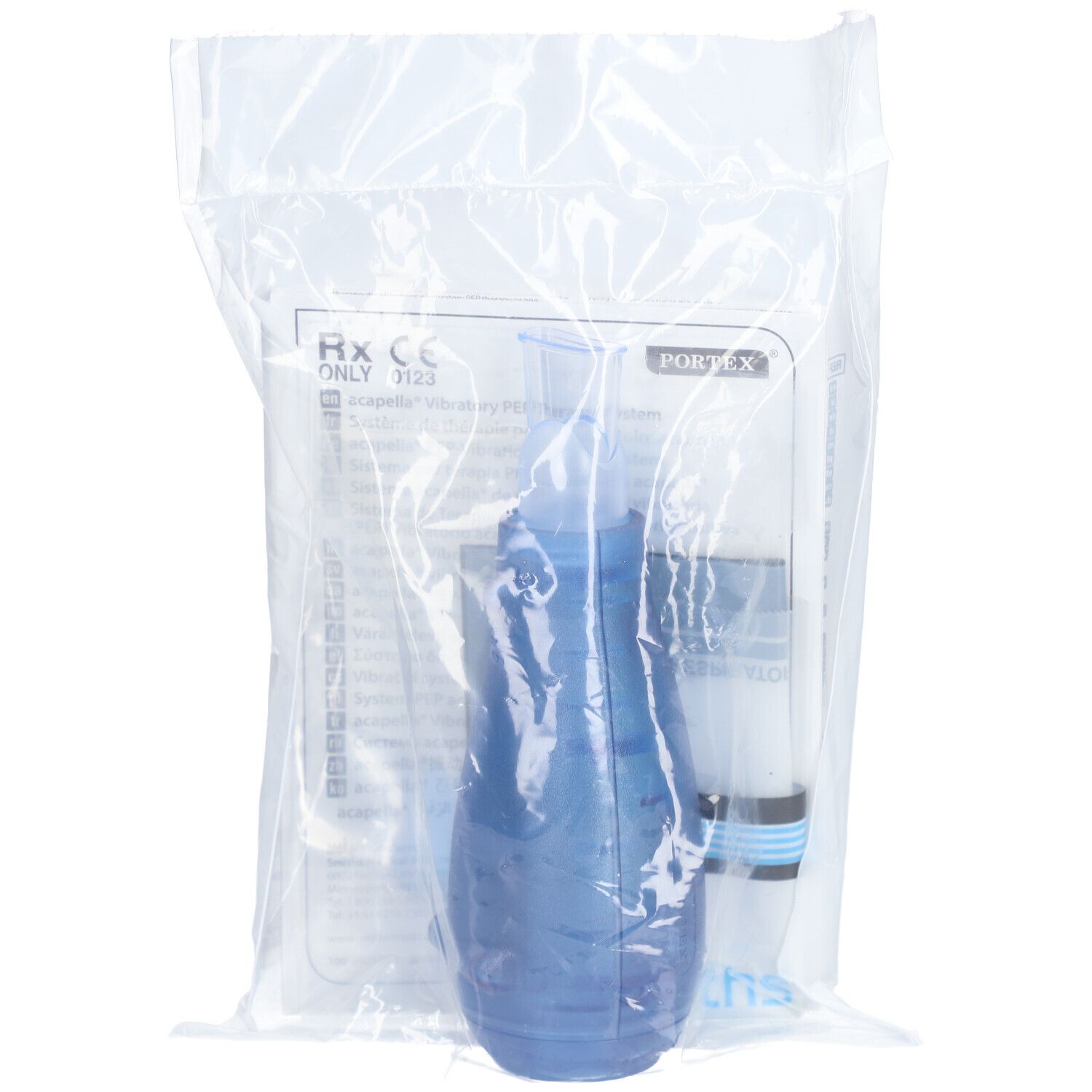 Système de thérapie PEP vibratoire bleu dans un emballage transparent. Comprend des accessoires. Marquage CE.