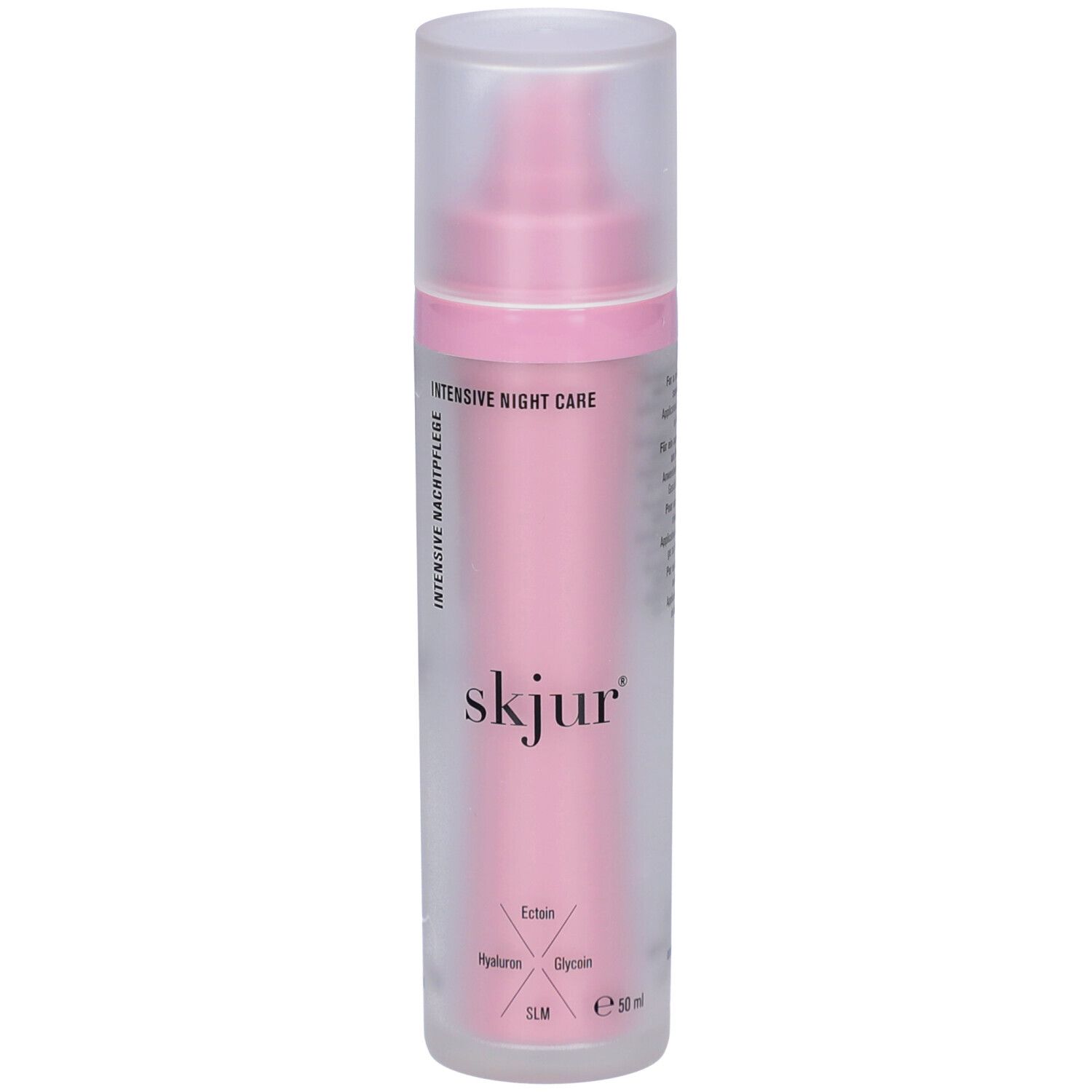 Flacon rose avec bouchon transparent. Inscription: skjur, Soin de nuit intensif. Contient Ectoin, Hyaluron, Glycérine, SLM. E 50 ml.