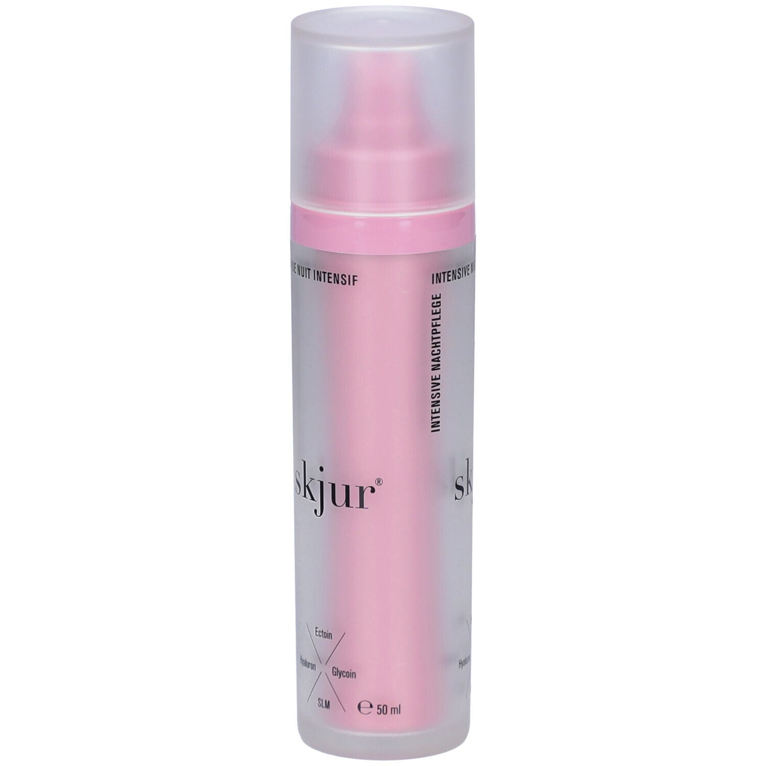 Flacon rose avec bouchon transparent. Inscription: skjur, Soin de nuit intensif. Contient Ectoin, Hyaluron, Glycérine, SLM. E 50 ml.