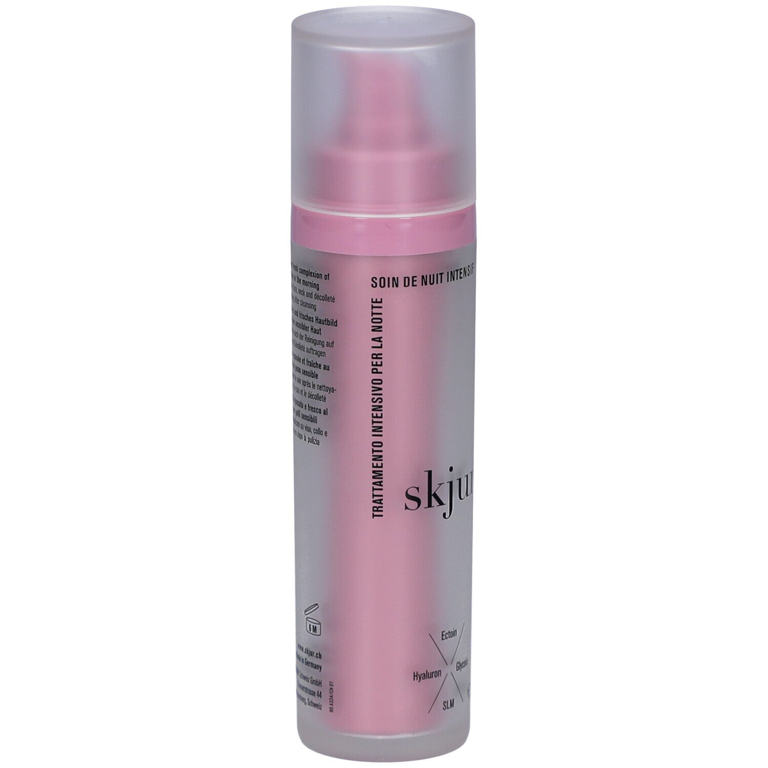 Flacon rose avec bouchon transparent. Inscription: skjur, Soin de nuit intensif. Contient Ectoin, Hyaluron, Glycérine, SLM. E 50 ml.