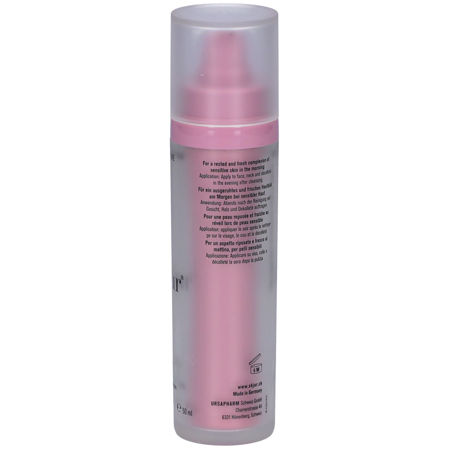 Dos d'un flacon rose avec bouchon transparent. Texte: Instructions d'utilisation. Contient Ectoin, Hyaluron, Glycérine, SLM. E 50 ml.
