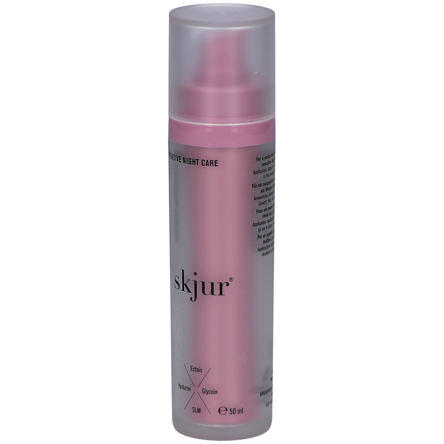 Flacon rose avec bouchon transparent. Inscription: skjur, Soin de nuit intensif. Contient Ectoin, Hyaluron, Glycérine, SLM. E 50 ml.