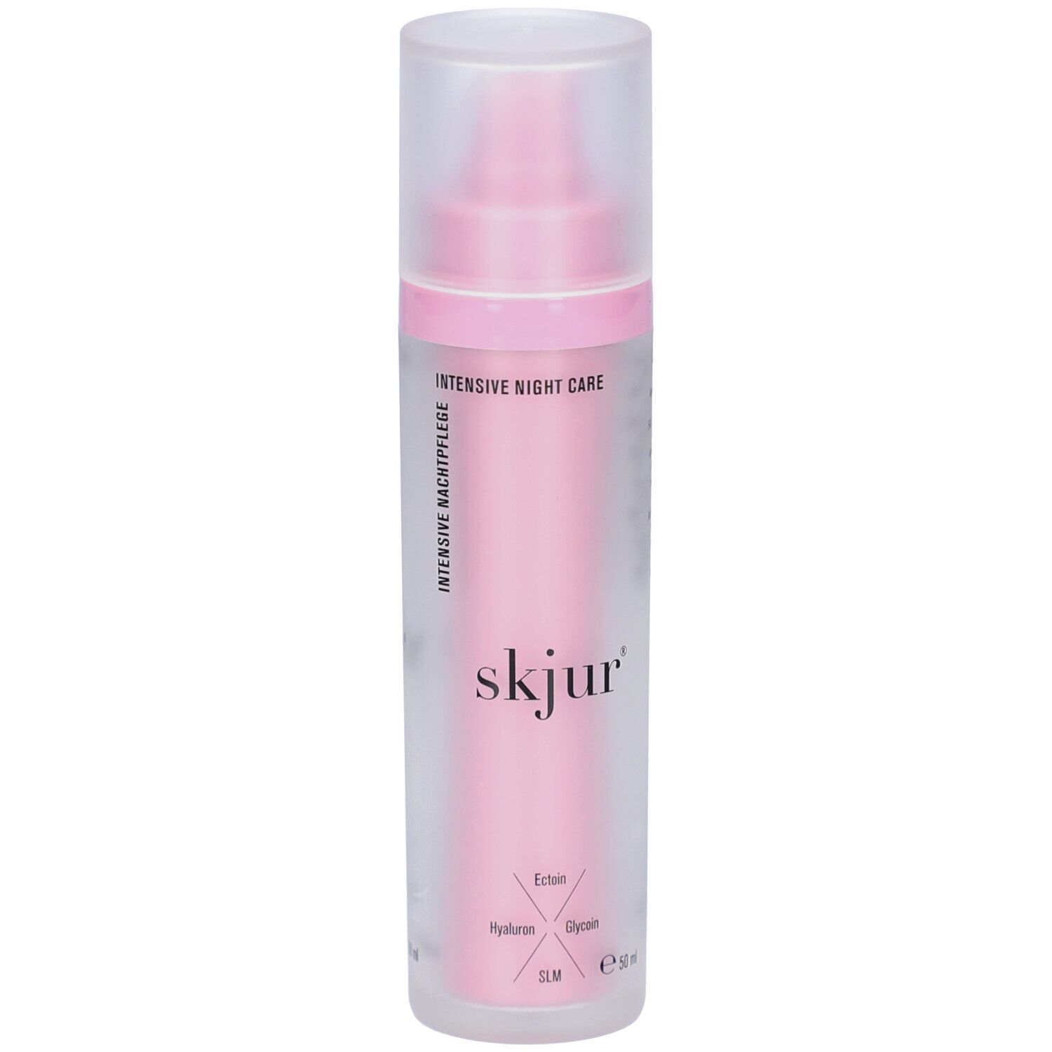 Flacon rose avec bouchon transparent. Inscription: skjur, Soin de nuit intensif. Contient Ectoin, Hyaluron, Glycérine, SLM. E 50 ml.