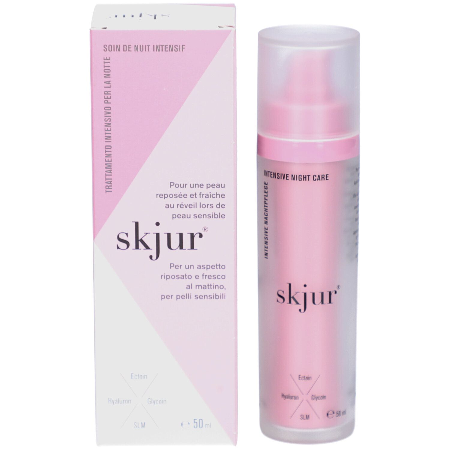 Produit et emballage. Flacon rose avec carton. Inscription: skjur, Soin de nuit intensif. Contient Ectoin, Hyaluron, Glycérine, SLM. E 50 ml.