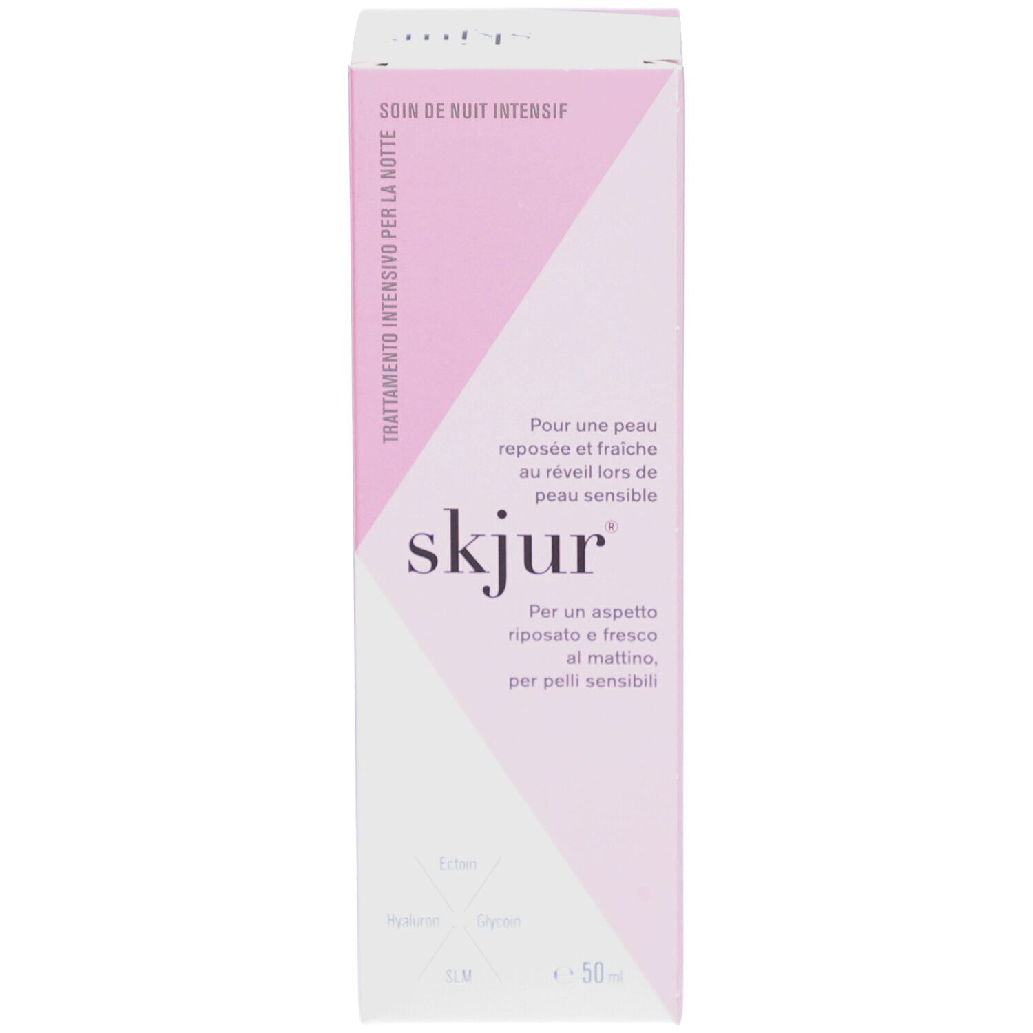 Emballage en carton. Inscription: skjur, Soin de nuit intensif. Contient Ectoin, Hyaluron, Glycérine, SLM. E 50 ml.