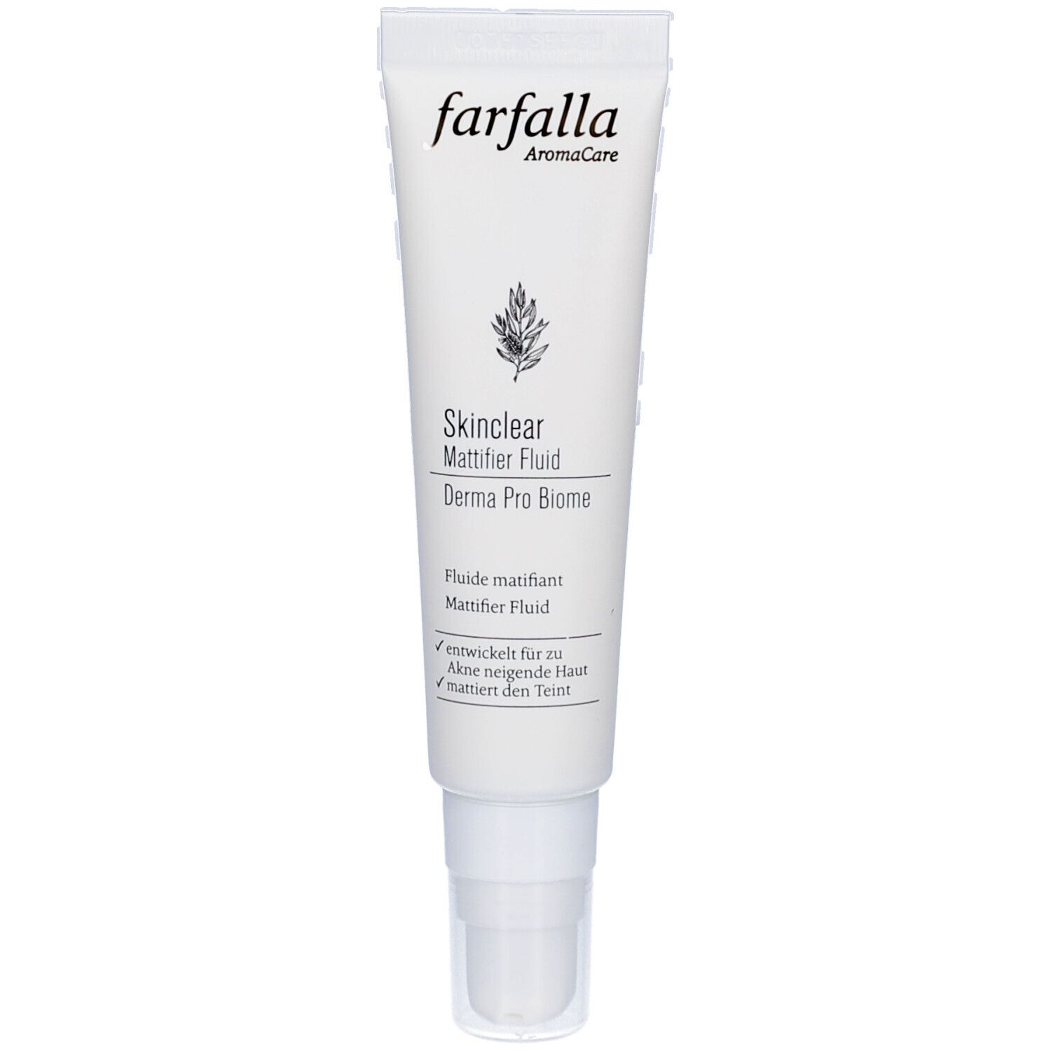 Tube blanc avec nom du produit et logo. Texte: Skinclear Mattifier Fluid, Derma Pro Biome. Marque: farfalla.