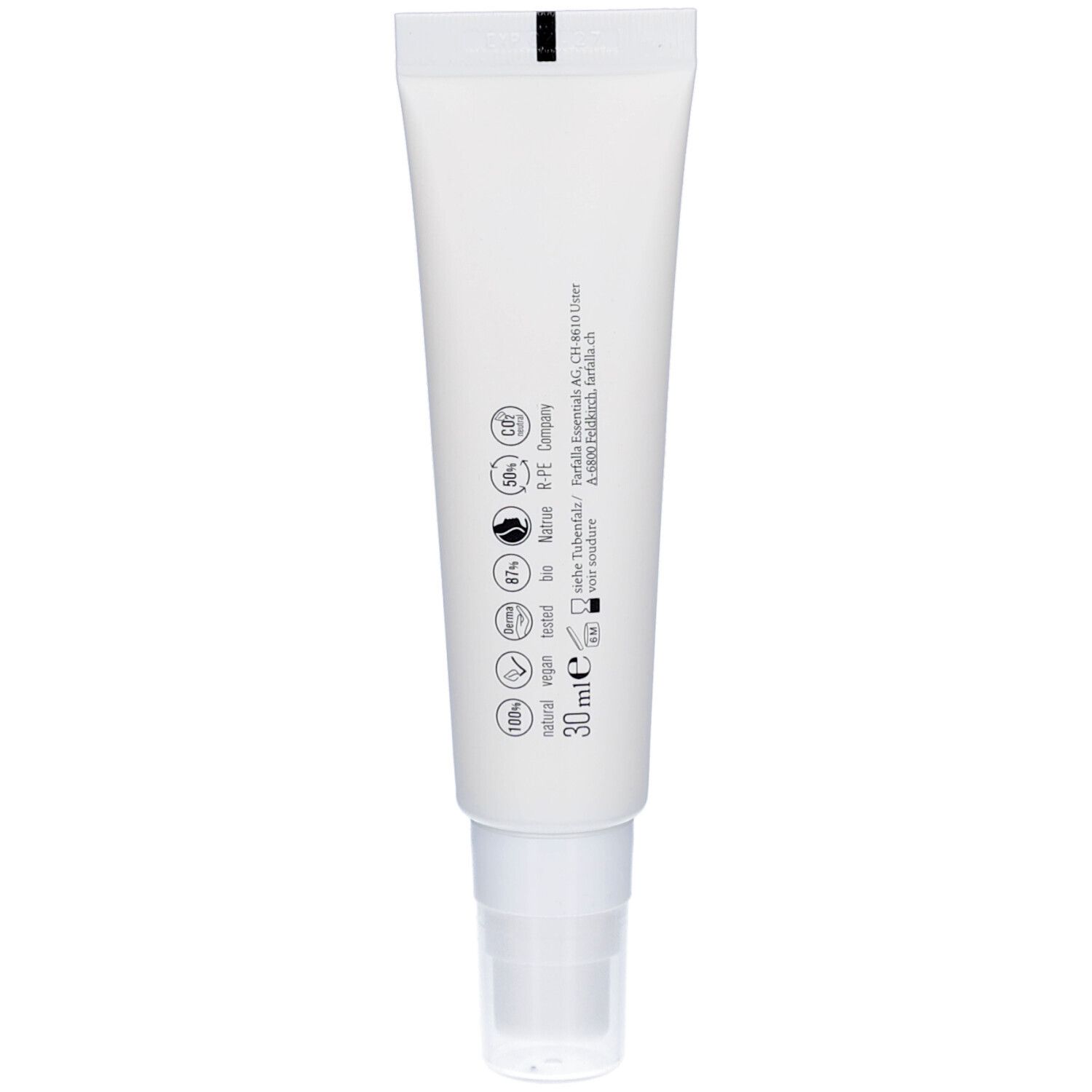 Dos du tube blanc. Texte et logos. Volume: 30 ml. Certifications: vegan, 100% naturel, etc.