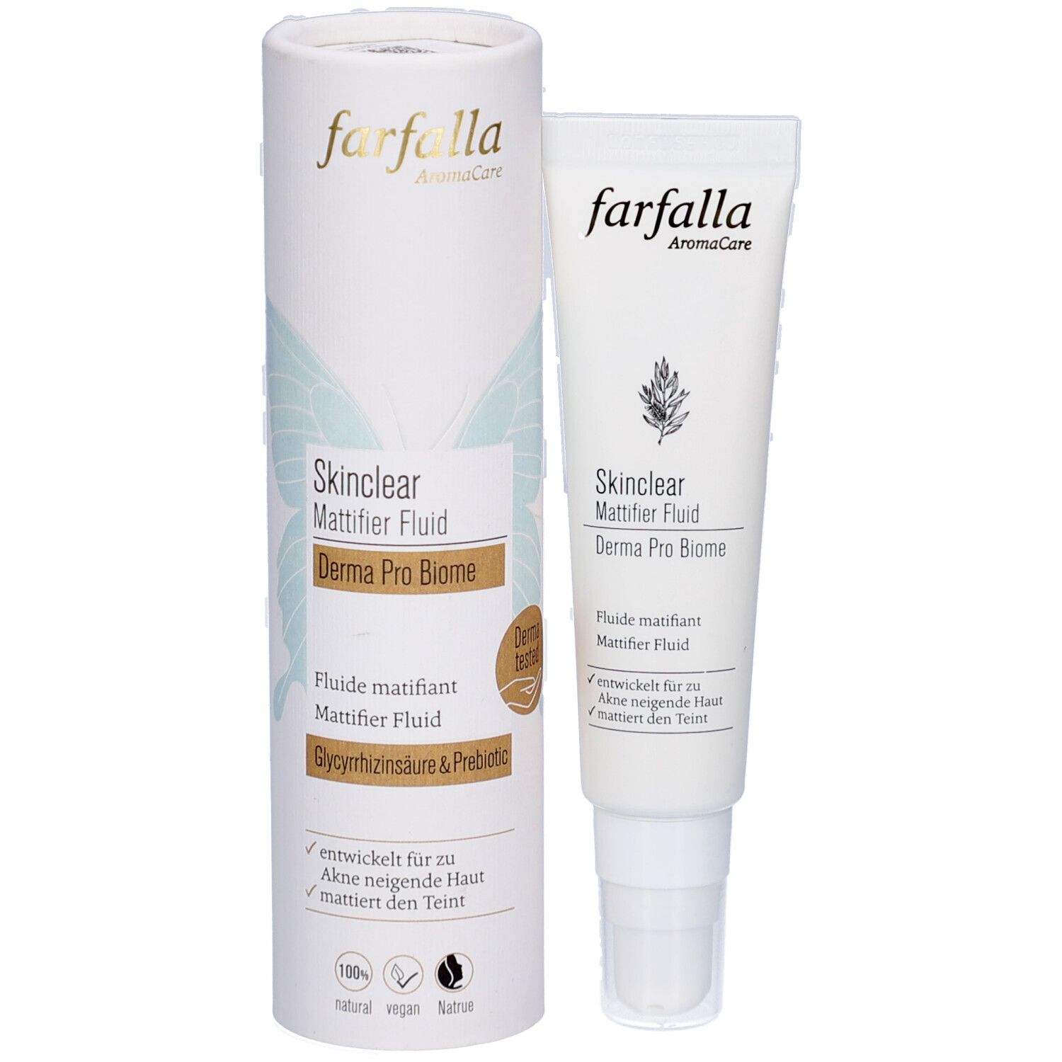 Produit et emballage. Tube et emballage cylindrique. Texte: Skinclear Mattifier Fluid, Derma Pro Biome. Marque: farfalla.