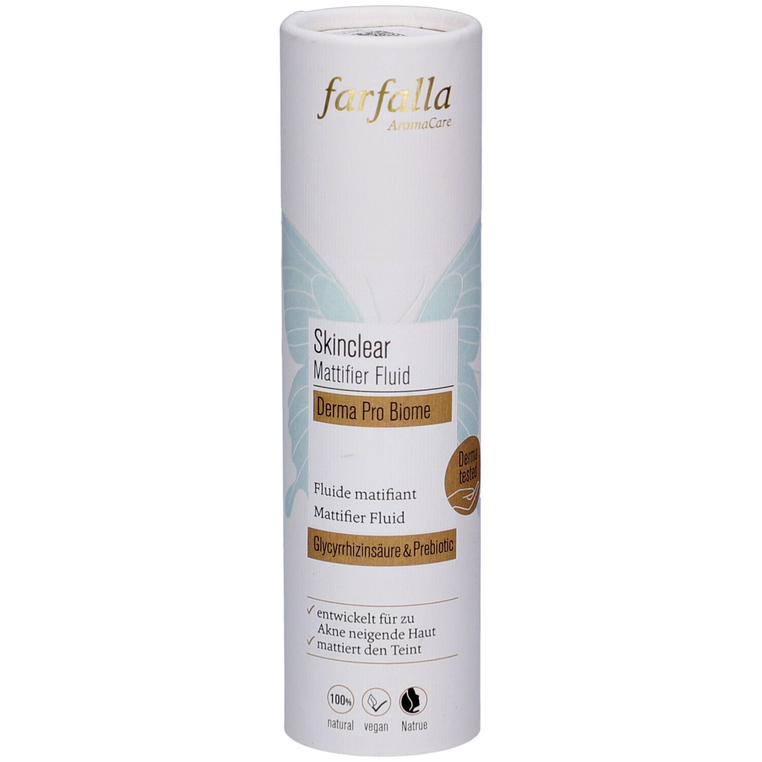 Emballage cylindrique. Texte: Skinclear Mattifier Fluid, Derma Pro Biome. Marque: farfalla. Avec nom et logo du produit.