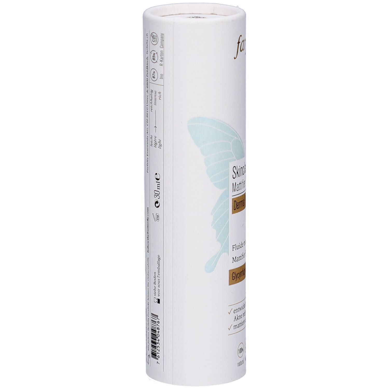 Emballage cylindrique. Texte: Skinclear Mattifier Fluid, Derma Pro Biome. Volume: 30 ml. Logos et certifications.