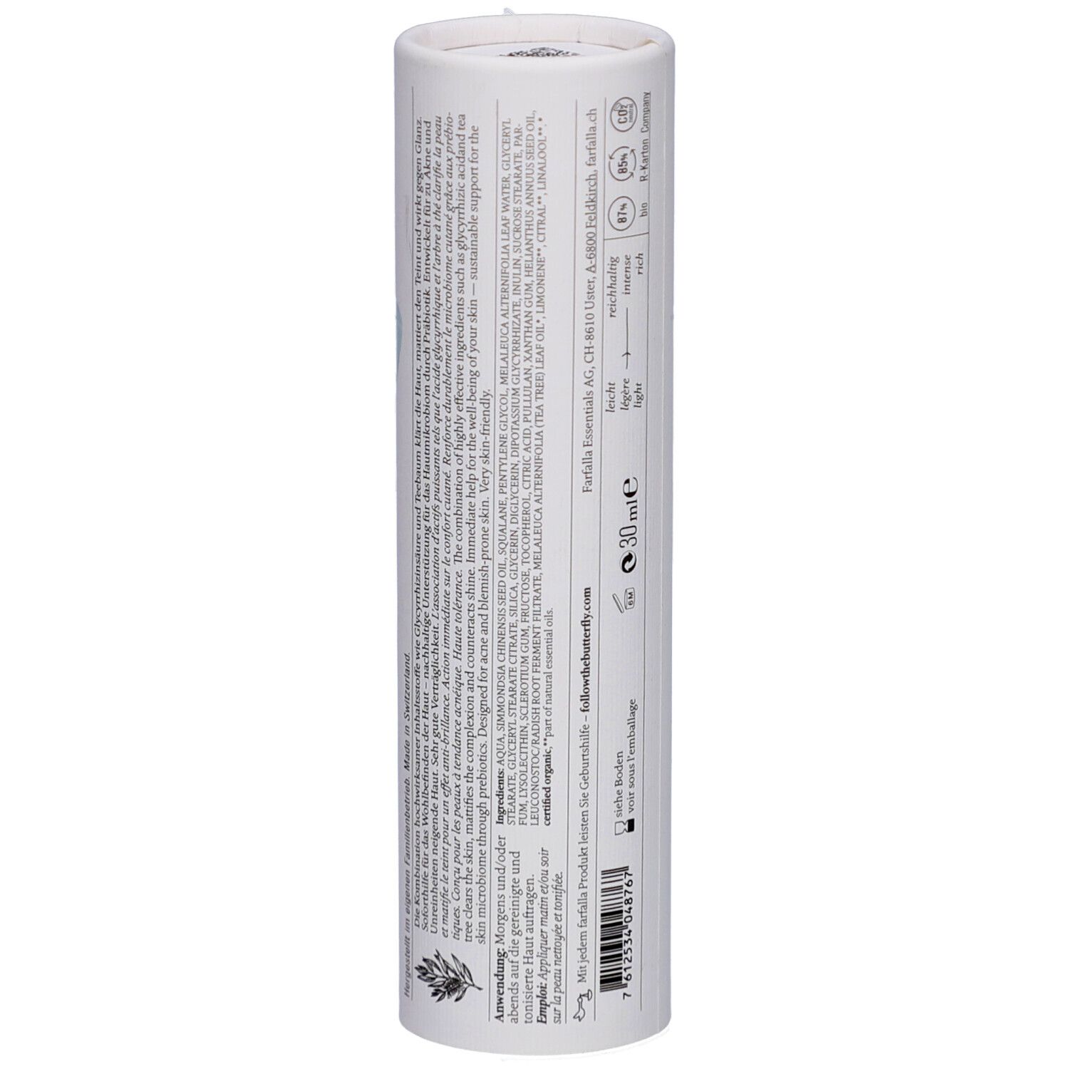 Emballage cylindrique. Texte et ingrédients. Volume: 30 ml. Logos et certifications. Fabriqué en Suisse.