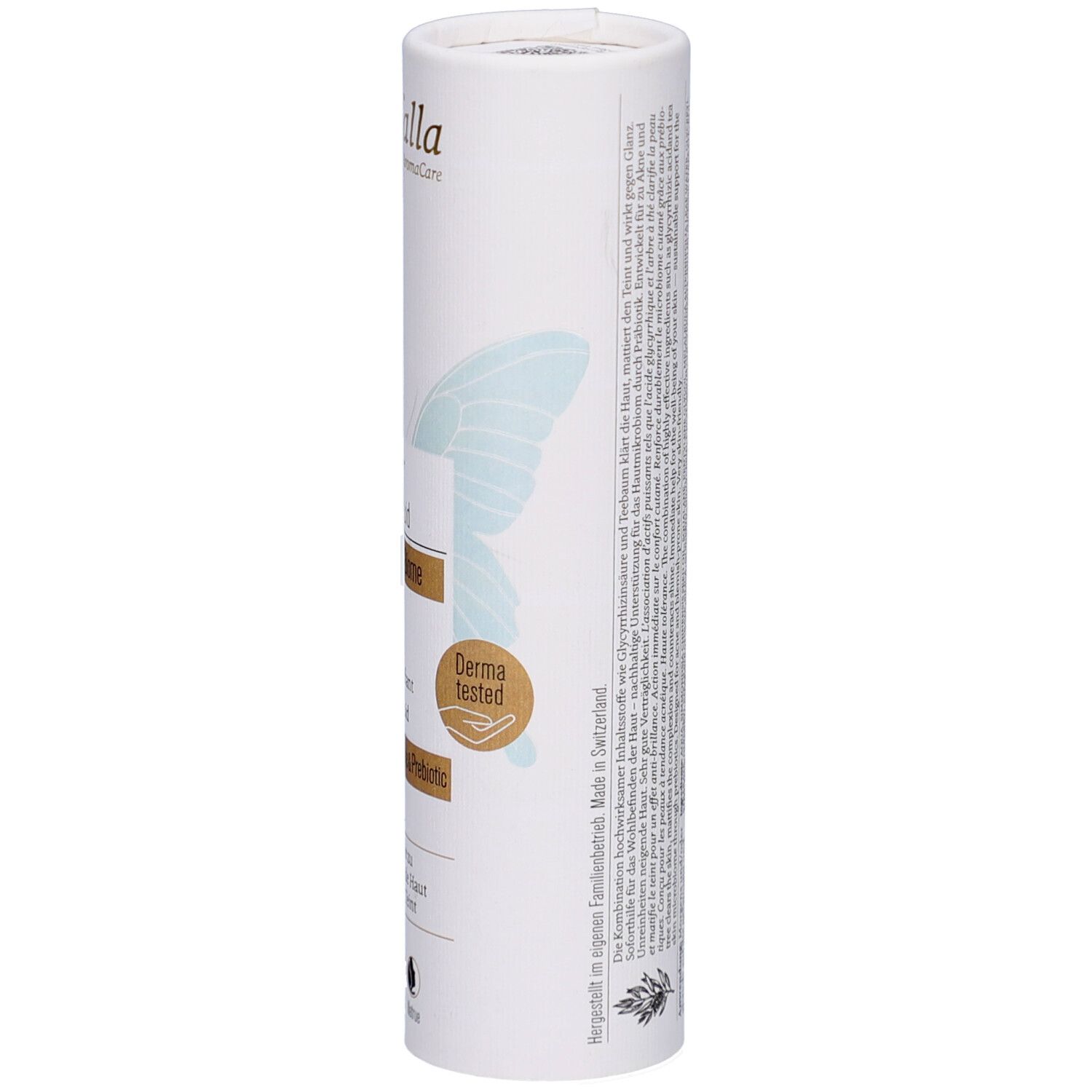 Emballage cylindrique. Texte: Skinclear Mattifier Fluid, Derma tested. Fabriqué en Suisse. Marque: farfalla.