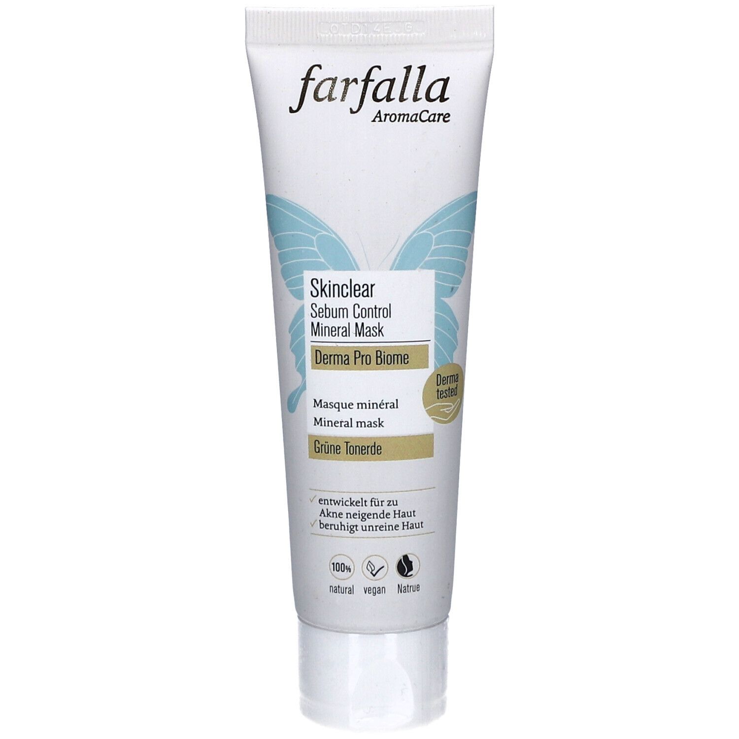Tube blanche "farfalla AromaCare". Nom du produit: Skinclear Sebum Control Mineral Mask. Graphique bleu-vert. Label "Derma Pro Biome".