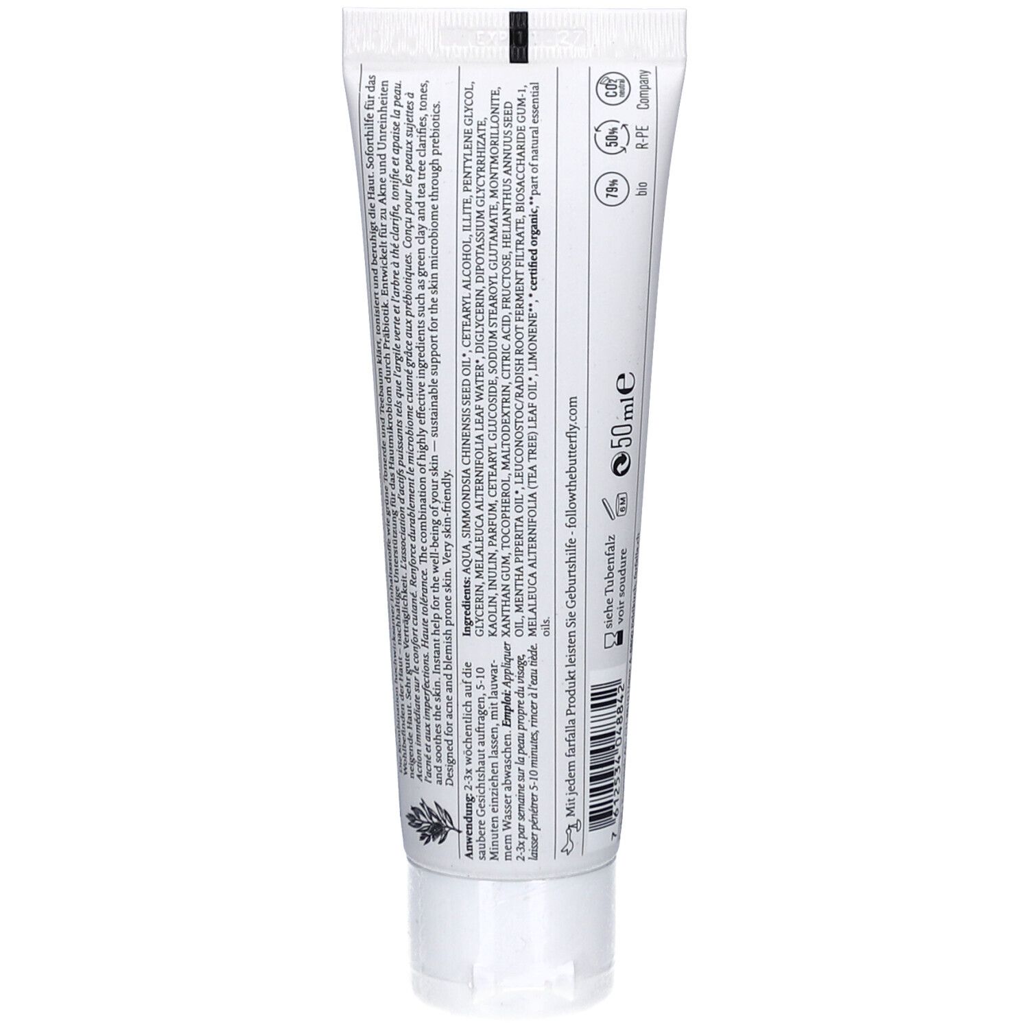 Dos du tube. Contient ingrédients et informations. Logo "farfalla". Volume: 50 ml. Labels: Vegan, Bio, FSC.
