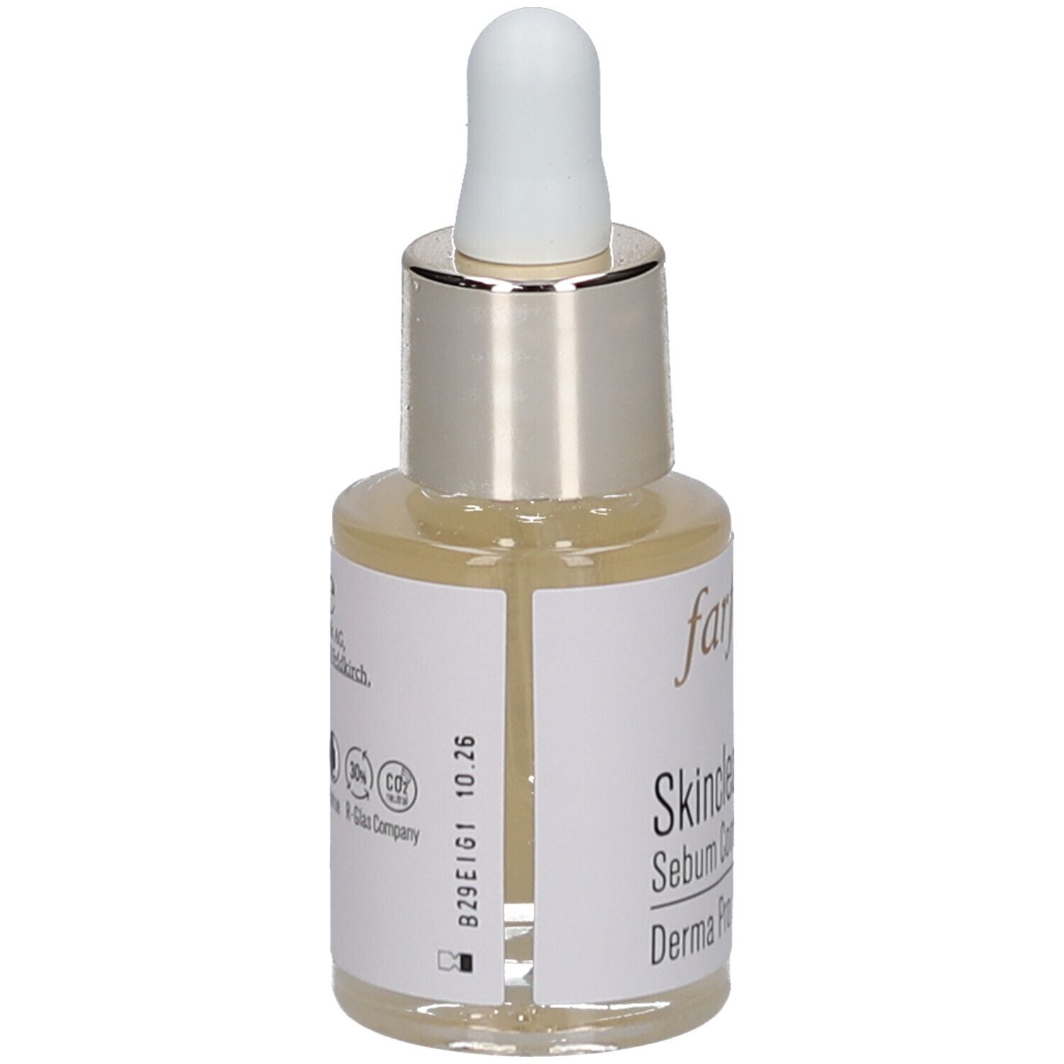 Flacon de sérum avec pipette. Inscription : Farfalla, Skinclear, Sebum Control Nachtserum, Derma Pro Biome. Texte au dos.