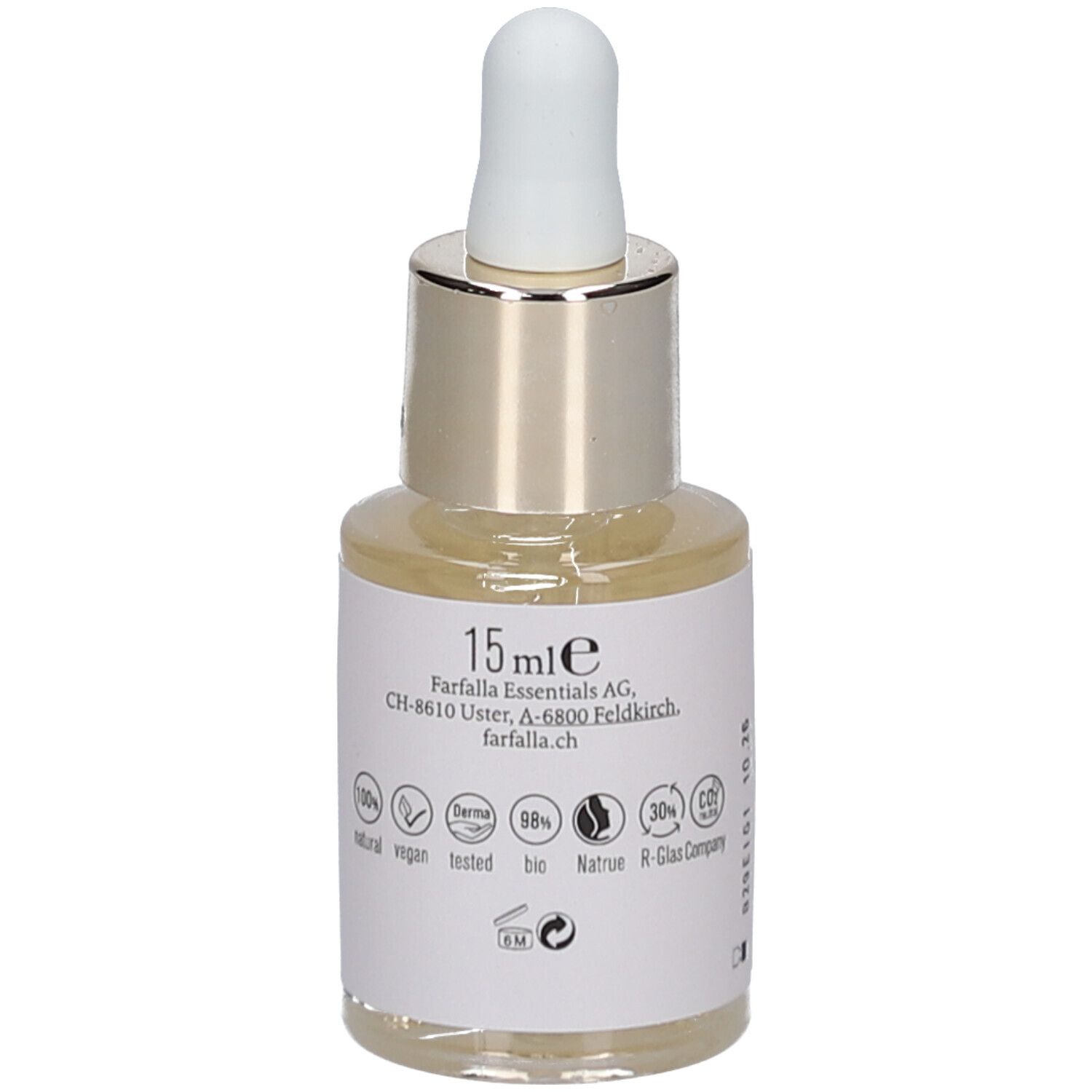 Flacon de sérum avec pipette. Inscription : Farfalla, 15ml, vegan, bio. Adresse : Farfalla Essentials AG, CH-8610 Uster.