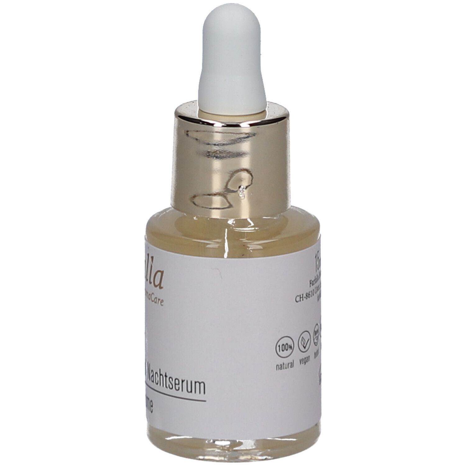 Flacon de sérum avec pipette. Inscription : Farfalla, Skinclear, Sebum Control Nachtserum. Logos : vegan, naturel.