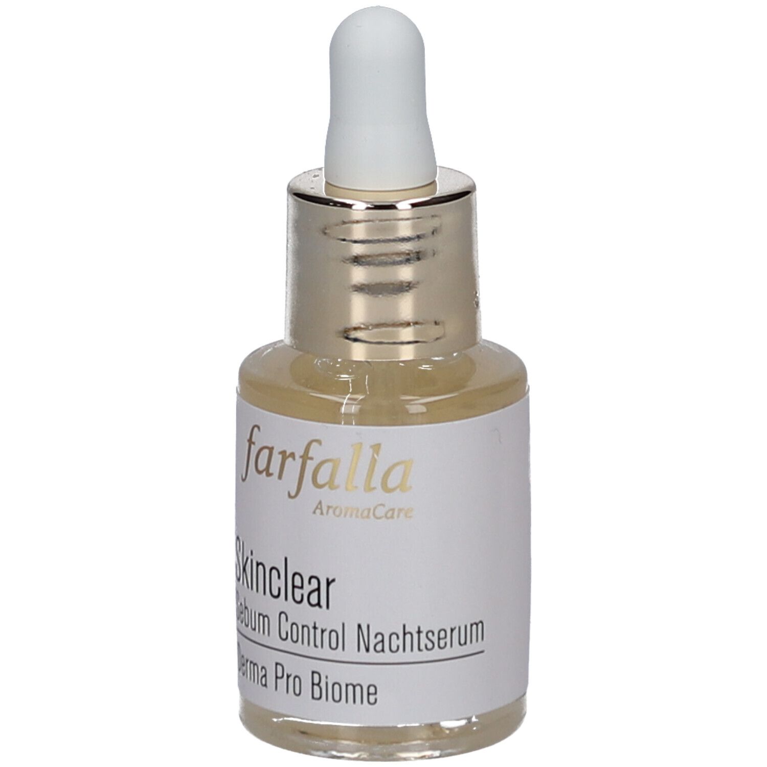 Flacon de sérum avec pipette. Inscription : Farfalla, Skinclear, Sebum Control Nachtserum, Derma Pro Biome.