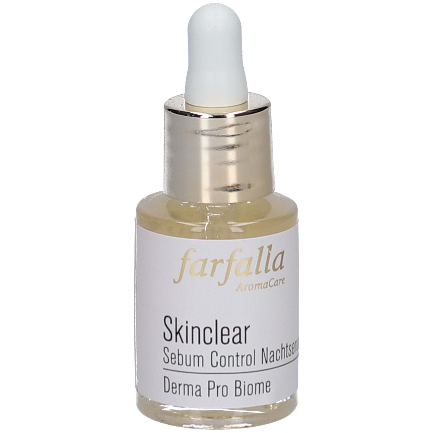 Flacon de sérum avec pipette. Inscription : Farfalla, Skinclear, Sebum Control Nachtserum, Derma Pro Biome.