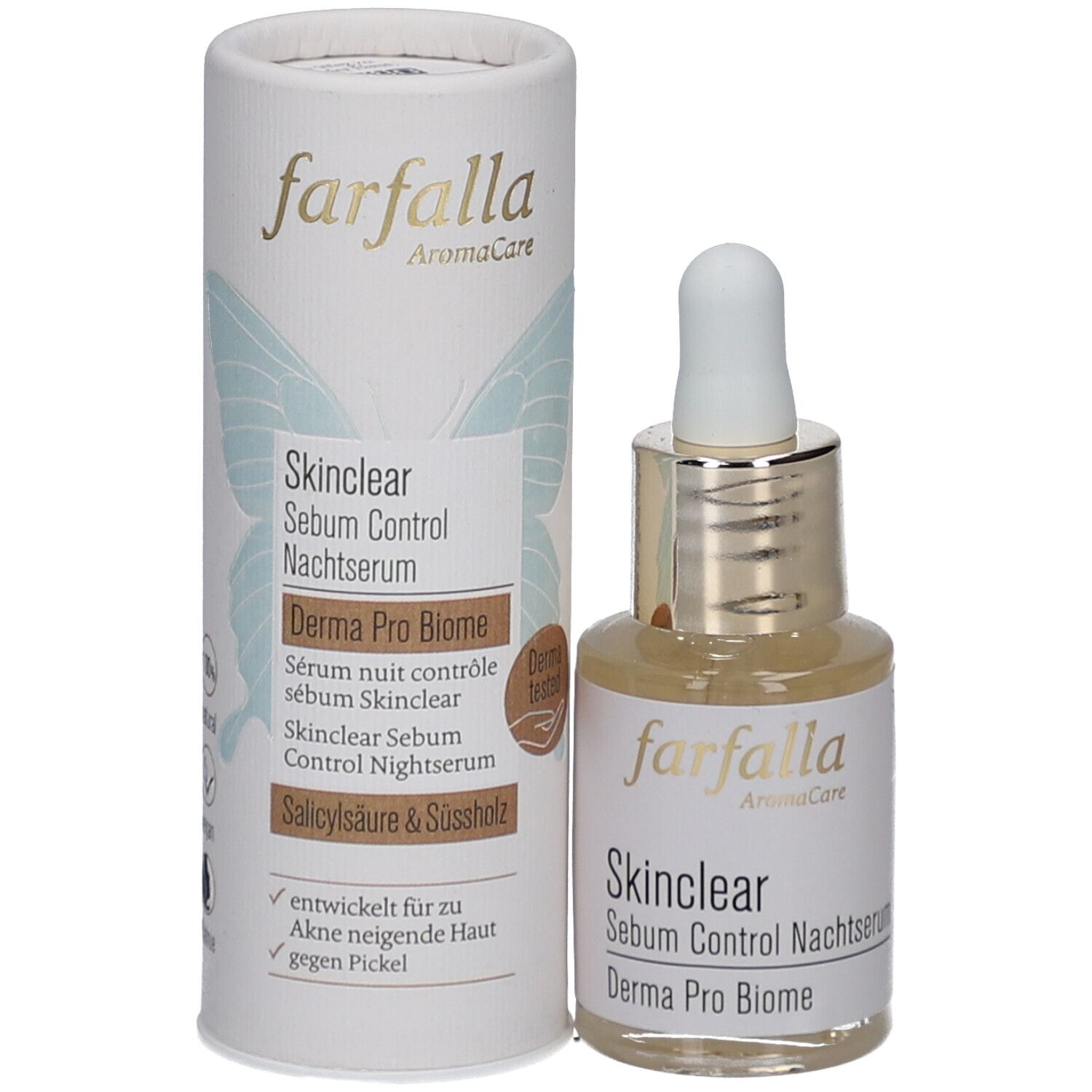 Emballage du produit avec flacon de sérum et carton. Inscription : Farfalla, Skinclear, Sebum Control Nachtserum, Derma Pro Biome.