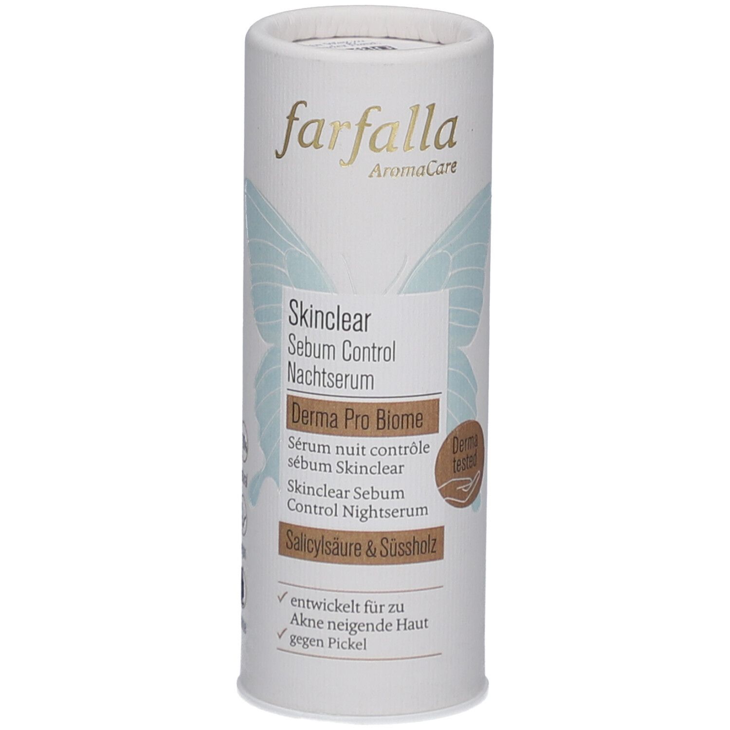 Emballage du produit avec carton. Inscription : Farfalla, Skinclear, Sebum Control Nachtserum, Derma Pro Biome.