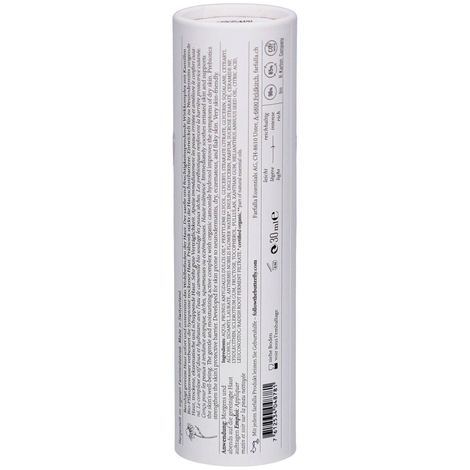 Emballage cylindrique. Texte avec ingrédients, fabricant et certifications.